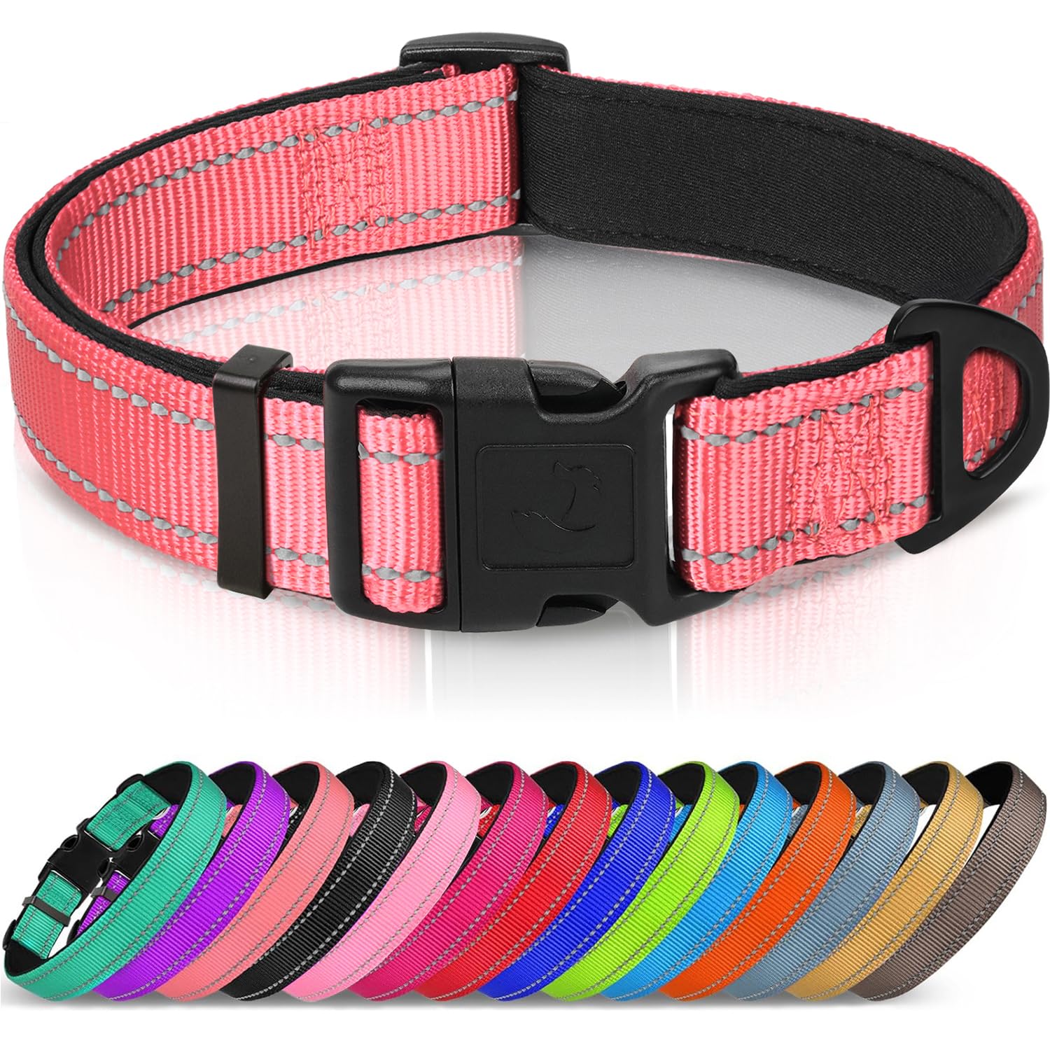 Joytale Reflective Dog Collar, Soft Neoprene Padded, Metal D-Ring, Nylon Pet Collar Adjustable for Medium Dogs, Neon Pink, M
