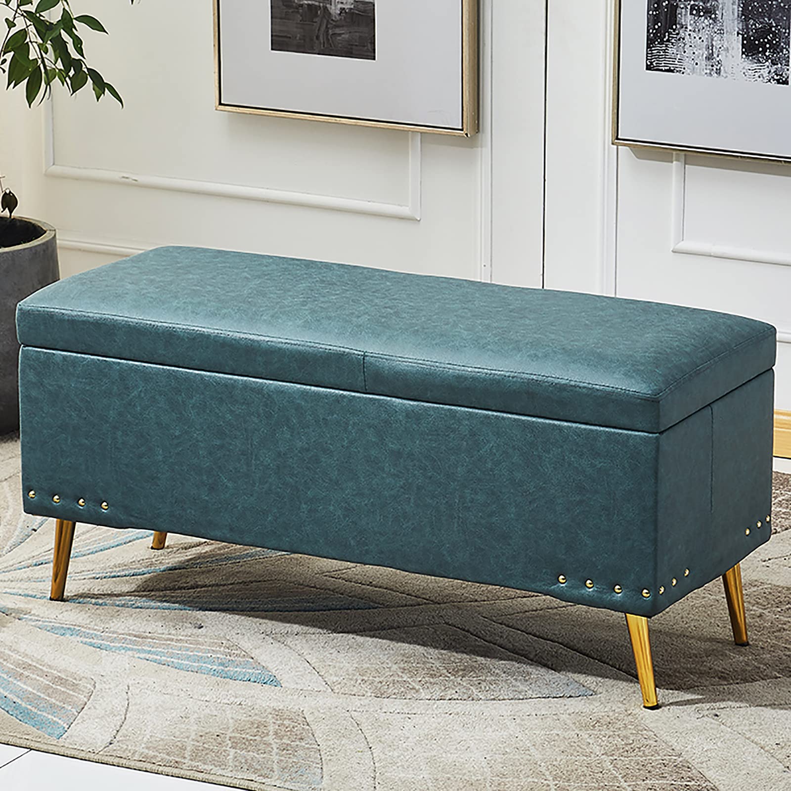 Pouf de rangement en simili cuir rectangulaire pour salon et bout de lit