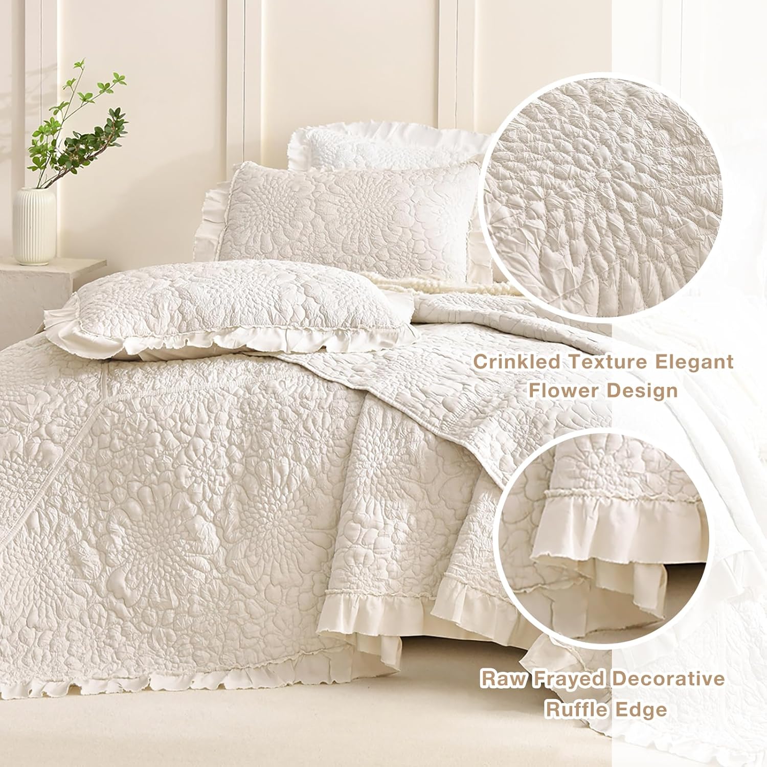 Masaca Oversized King Bedspread 120x120,Wheat Ruffled Crinkled Oversized California King Quilt Farmhouse Shabby Boho Chic Rustic Stone-Washed Microfiber Extra Large Bedding Set Soft and Lightweight - Image 3