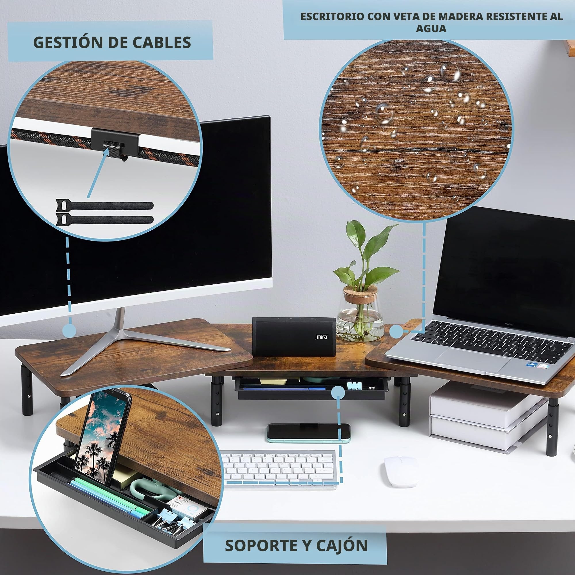 ETHU Soporte para monitor doble, elevador de doble monitor, ajustable, organizador con soporte para teléfono y cajón, accesorios de oficina, altura regulable