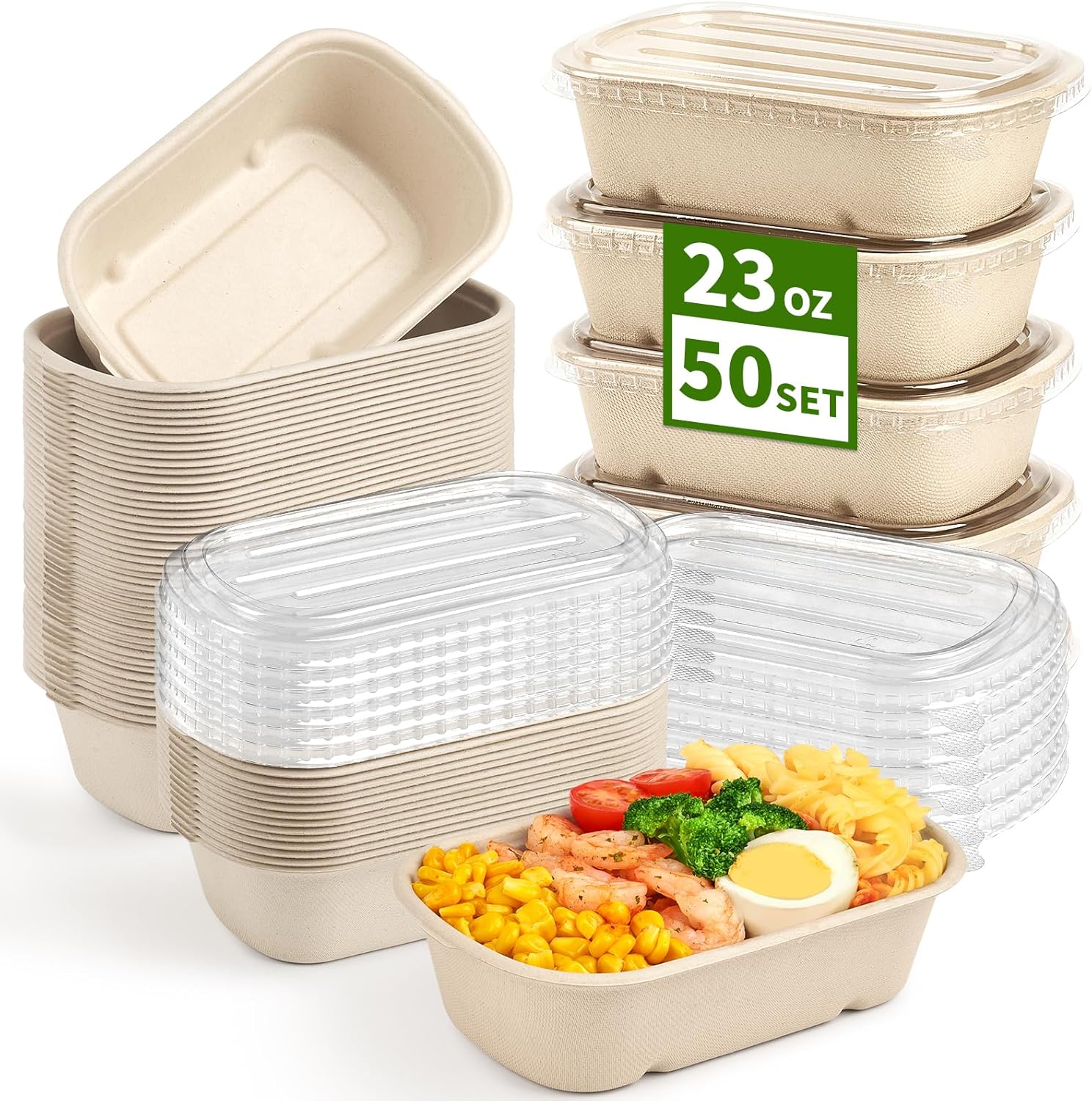 Ocmoiy 50 Pack 23 Oz Disposable Paper Bowls with Lids for Salad, Burrito, Chipotle, Taco, Nacho, Pasta, Rectangle Disposable Paper Meal Prep Containers (50 Bowls 50 Lids)