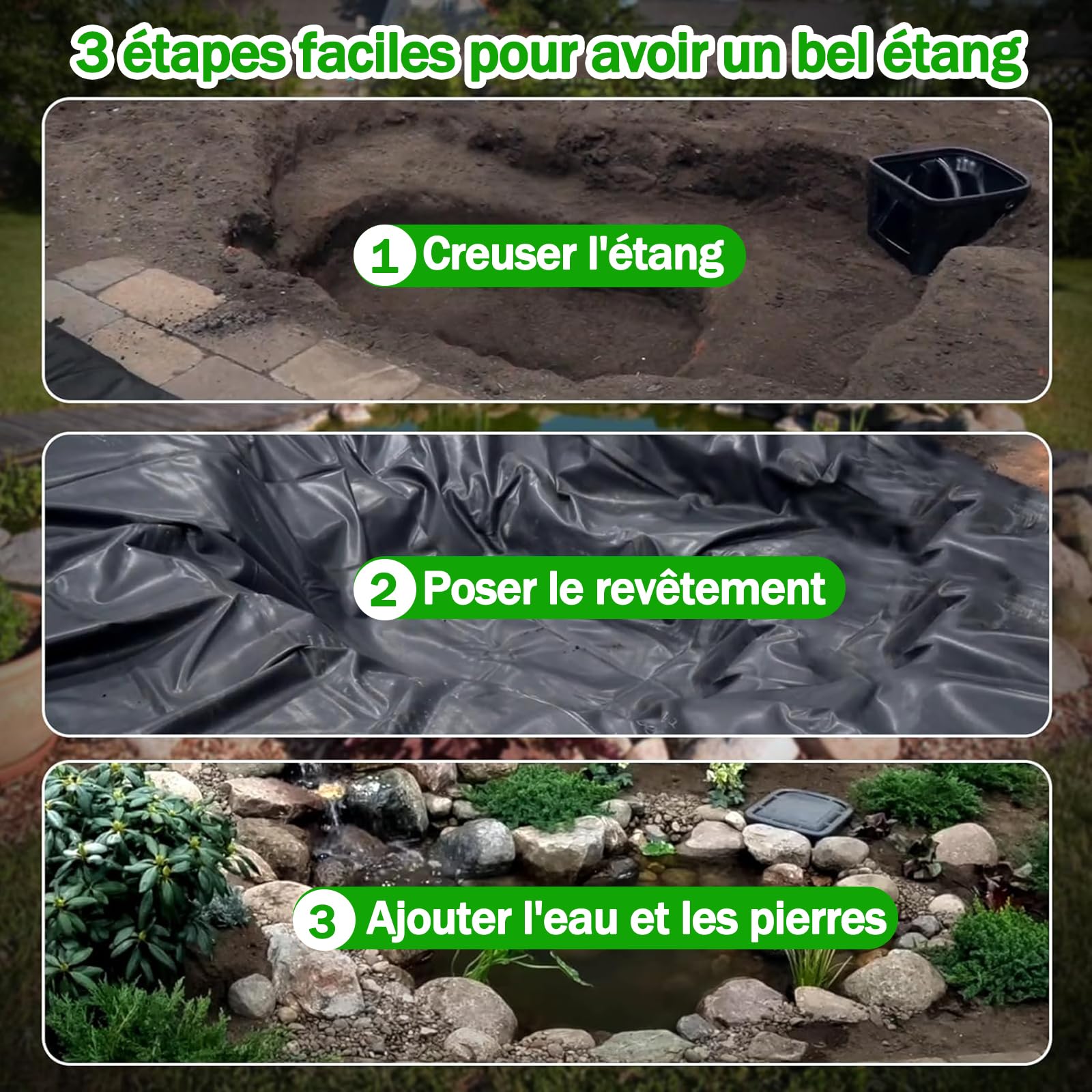 Forro negro reforzado para estanques, cubierta flexible e impermeable, 5 x 8 m, 8 x 10 m, 10 x 12 m, fácil de cortar, para estanques de jardín, acuarios, cascadas, duradero y versátil