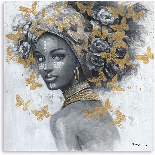 ATELIYISHU Arte de pared afroamericana para dormitorio, retrato de mujer negra con aretes, imagen de retrato de mariposa dorada, impresión en lienzo