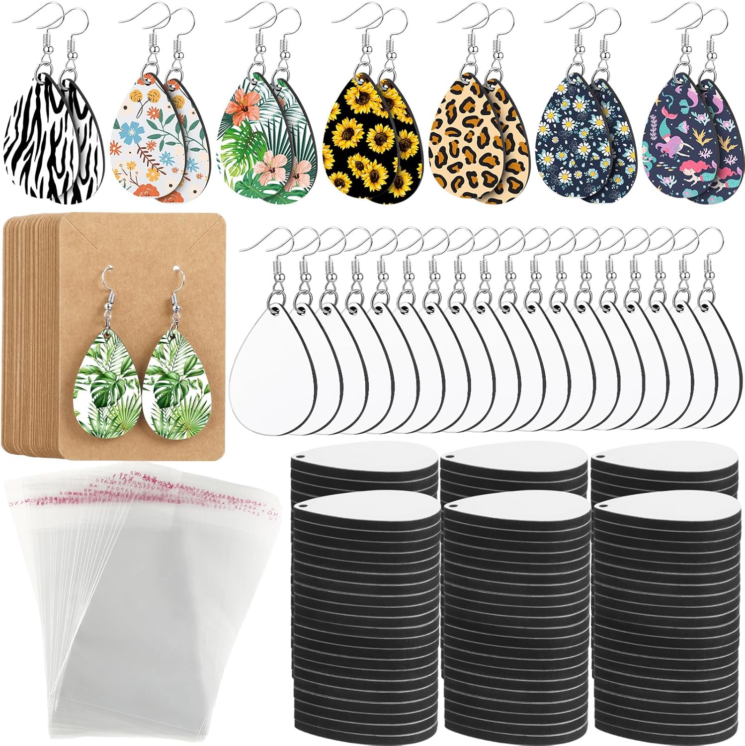 Riceshoot 800 Pcs Sublimation Earring Blanks Bulk with Hooks, Jump Rings, Ear Plugs, Cards Holder and Transparent Packaging Bags Unfinished MDF Earrings for DIY Making (Teardrop)