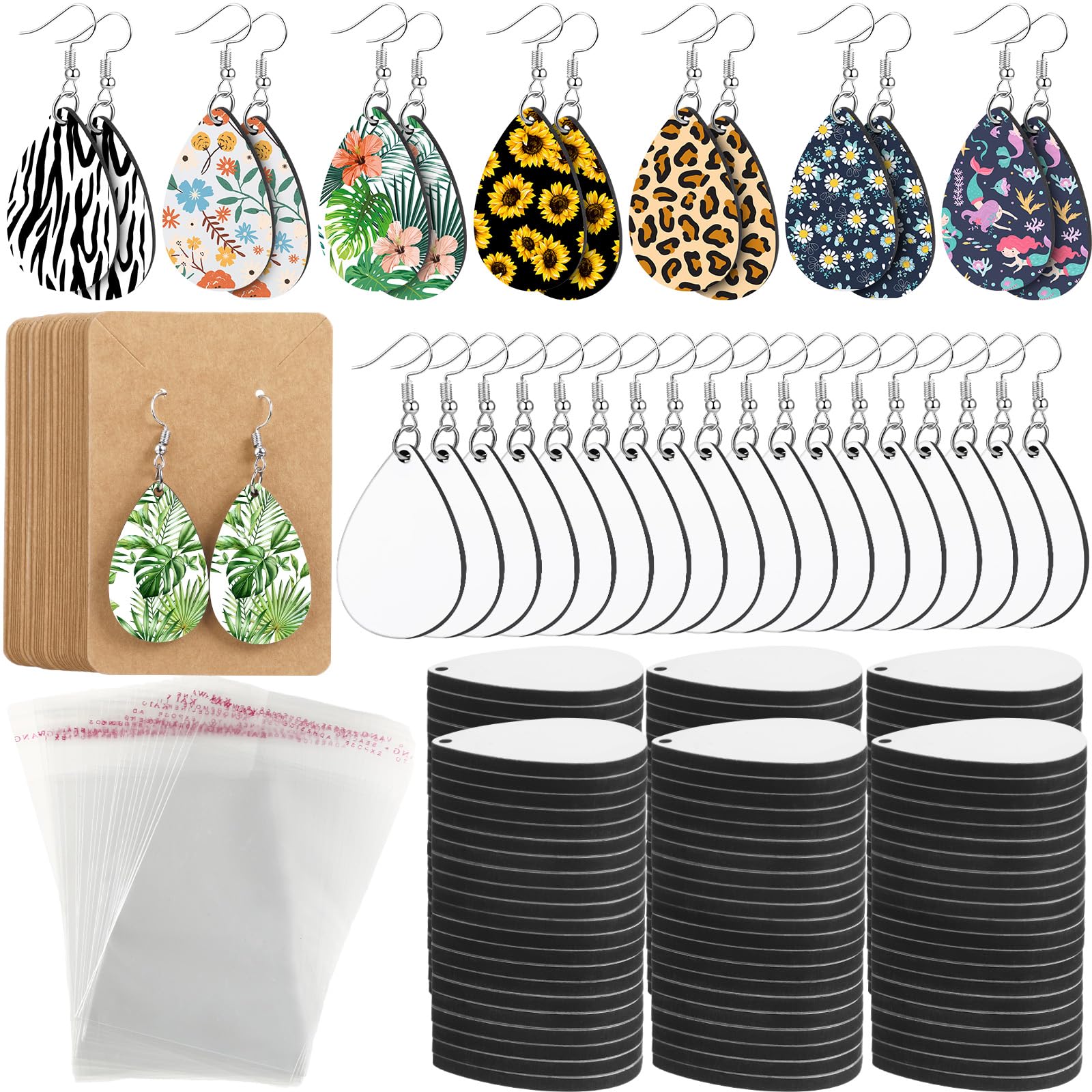 Riceshoot 200 Pieces Sublimation Earring Blanks Bulk Sublimation Earring with Earring Hooks Jump Rings Ear Plugs Holder Cards Bags for Earring DIY Making