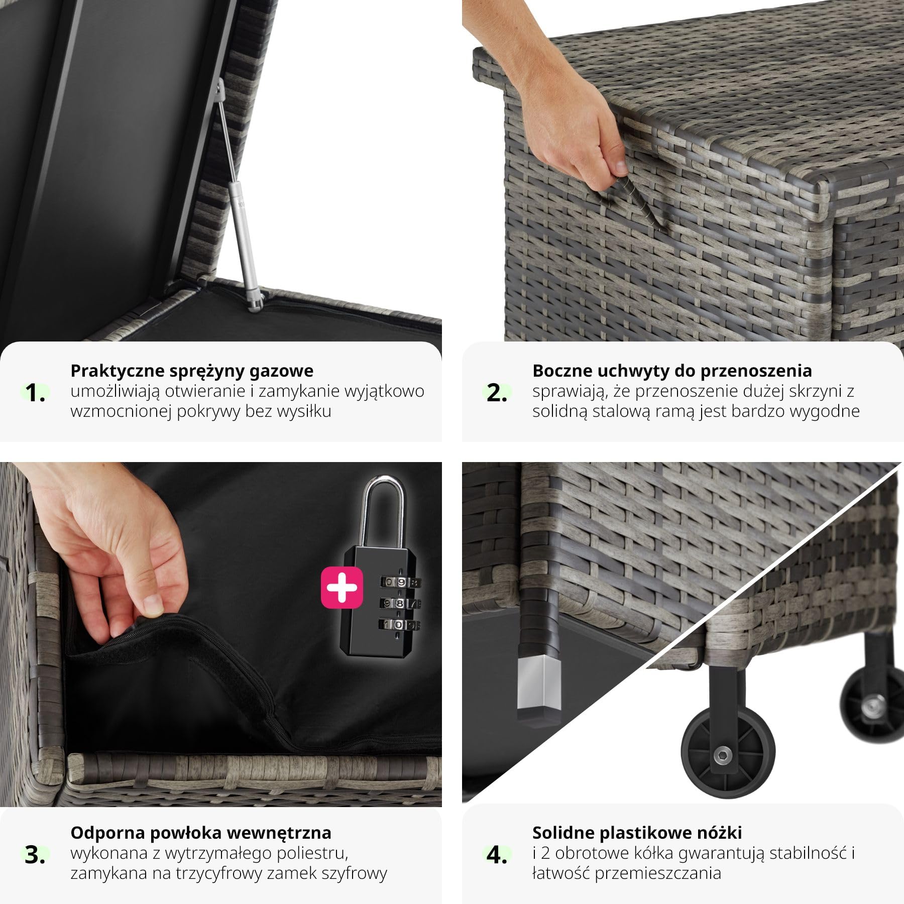 tectake® Uniwersalna Skrzynia Ogrodowa, Duża Pojemność 297l, 117x54x64cm, Trwała Plecionka z Polirattanu, Wytrzymała Rama z Aluminium, Wzmocniona Pokrywa z Systemem Sprężyny Gazowej (Szary)