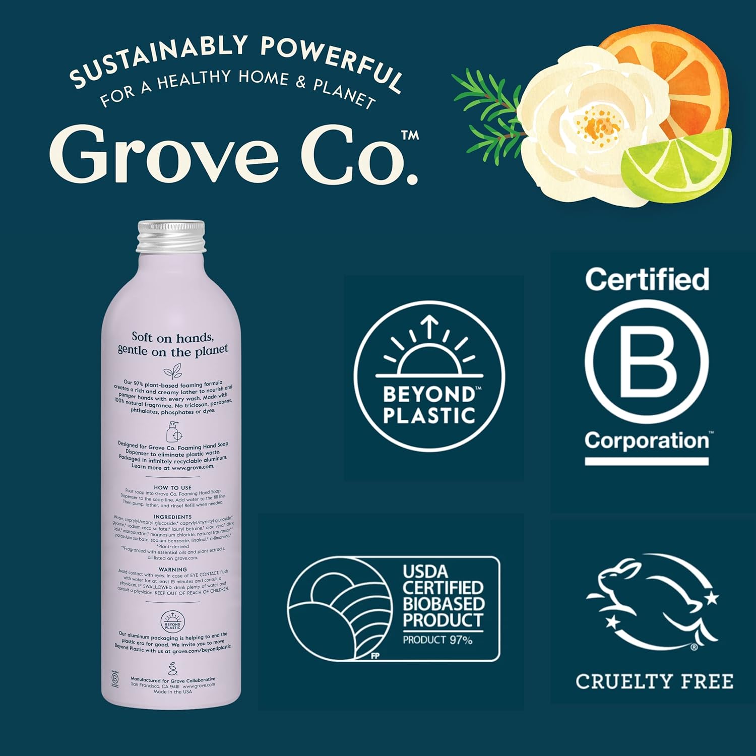 Grove Co. Foaming Hand Soap Concentrate (12 Fl Oz) + Reusable Glass Soap Dispenser, Plastic-Free Liquid Refillable Starter Kit, Natural Lavender Blossom & Thyme Fragrance