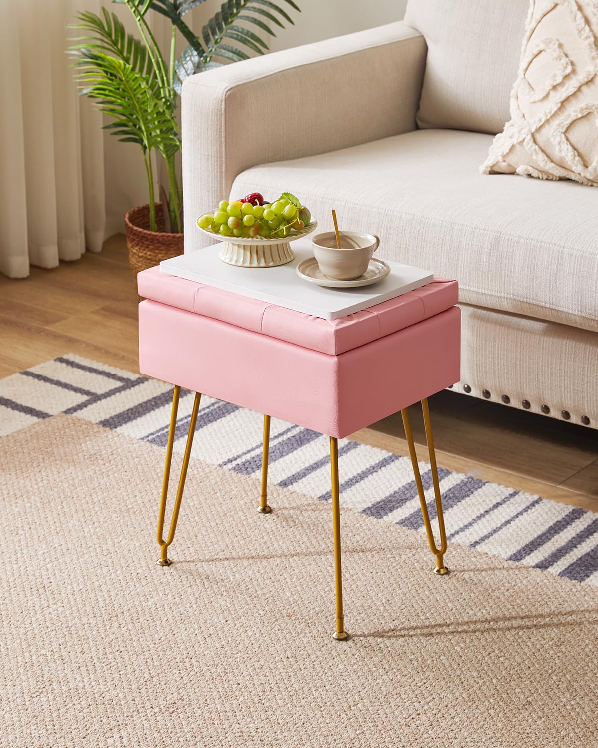 IBUYKE Multifunzionale Stoccaggio Vanity Sgabello con Flip Table, Gambe in Metallo Regolabili & Pelle PU - 40x30x48cm Poggiapiedi ottomano per Trucco, Soggiorno, Ingresso Rosa WBD014P
