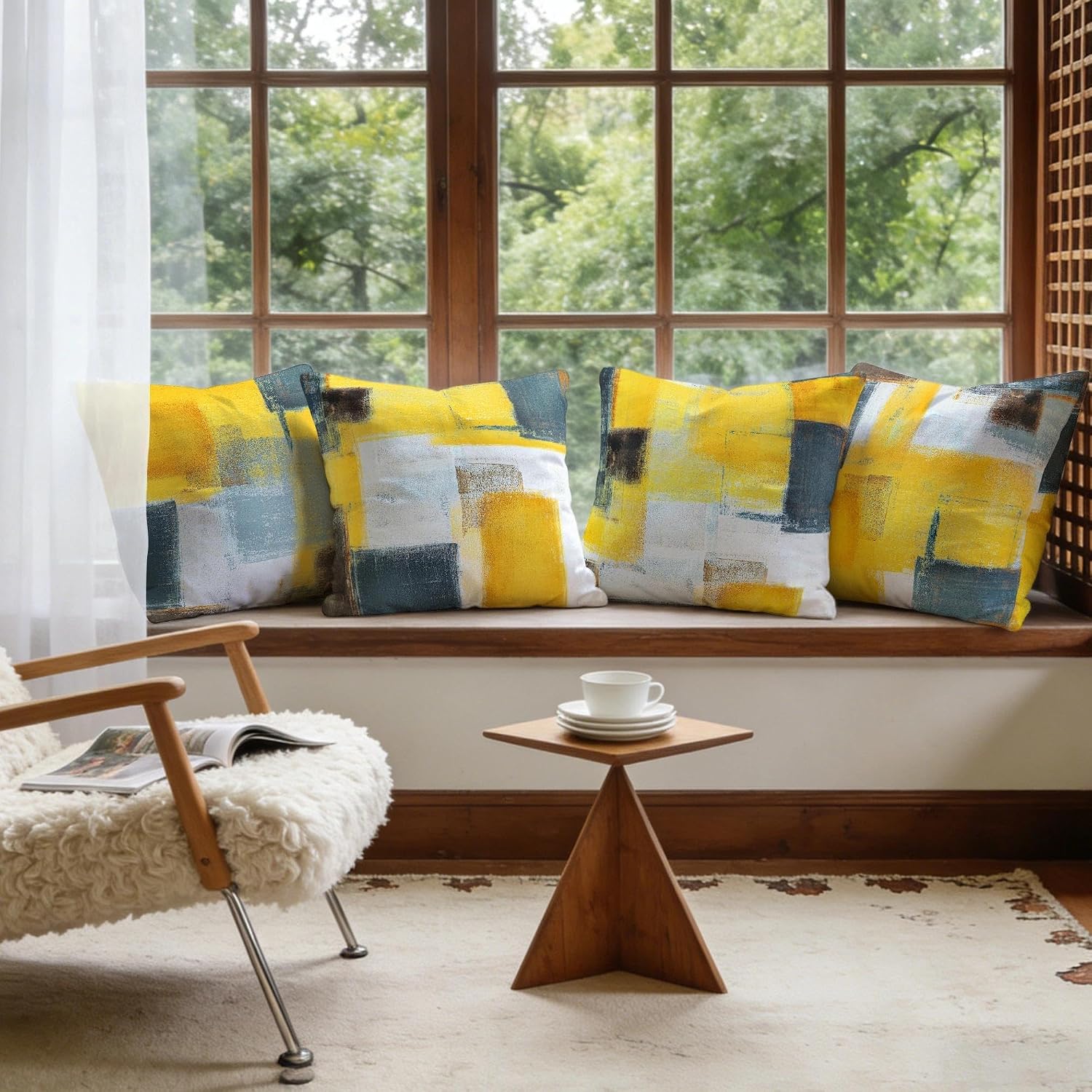 4 Pack Yellow Grey Throw Pillow Covers 18x18 Printed Art Decor, Polyester Modern Abstract Art, Decorative Cushion Cases for Couch Sofa Bed, for Family Friend, Vibrant Home Decor image 4