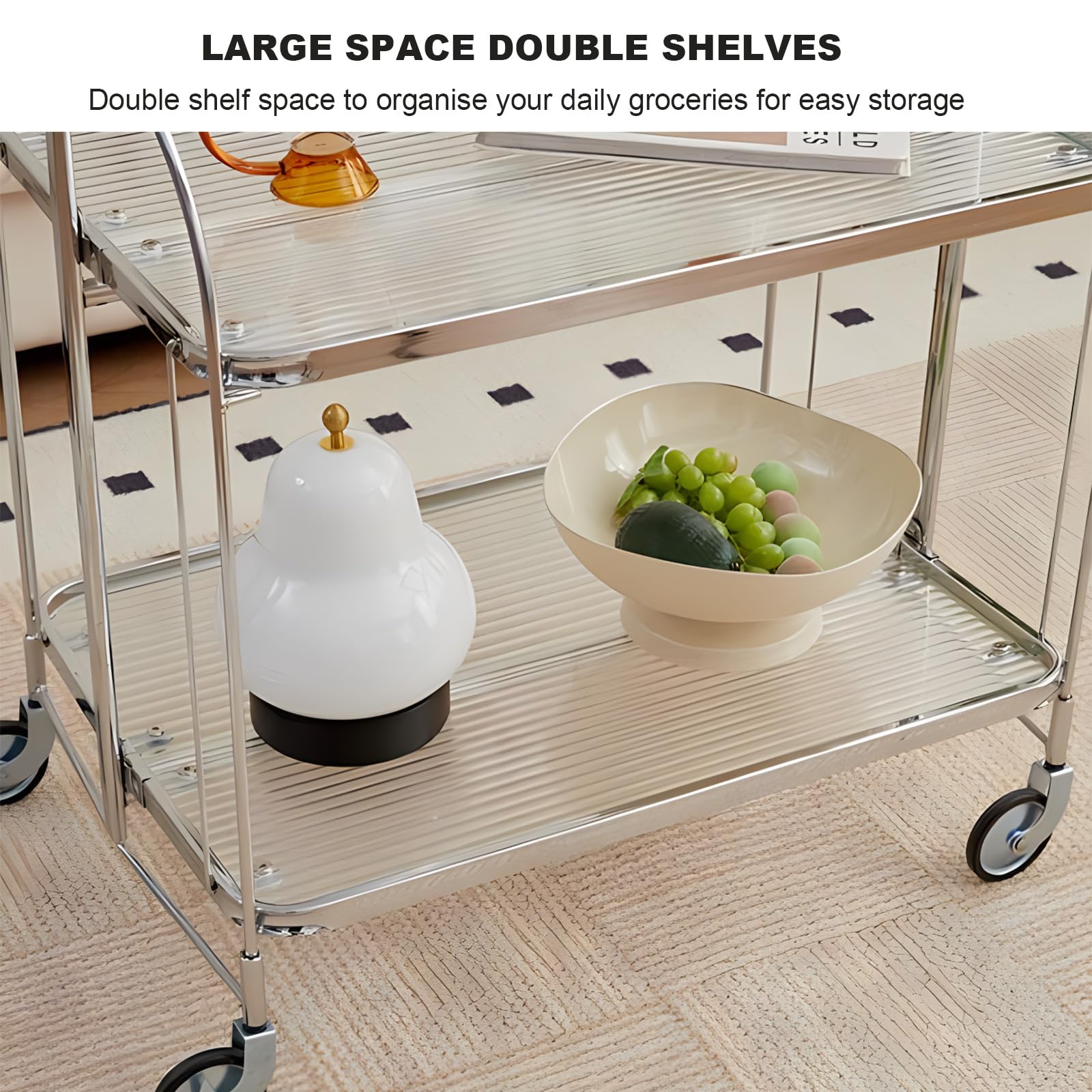 Moderno carrito de bar rodante con parte superior de cristal y marco de acero inoxidable, carrito de servir plegable de 2 niveles con ruedas para cocina o comedor, carrito de almacenamiento móvil para