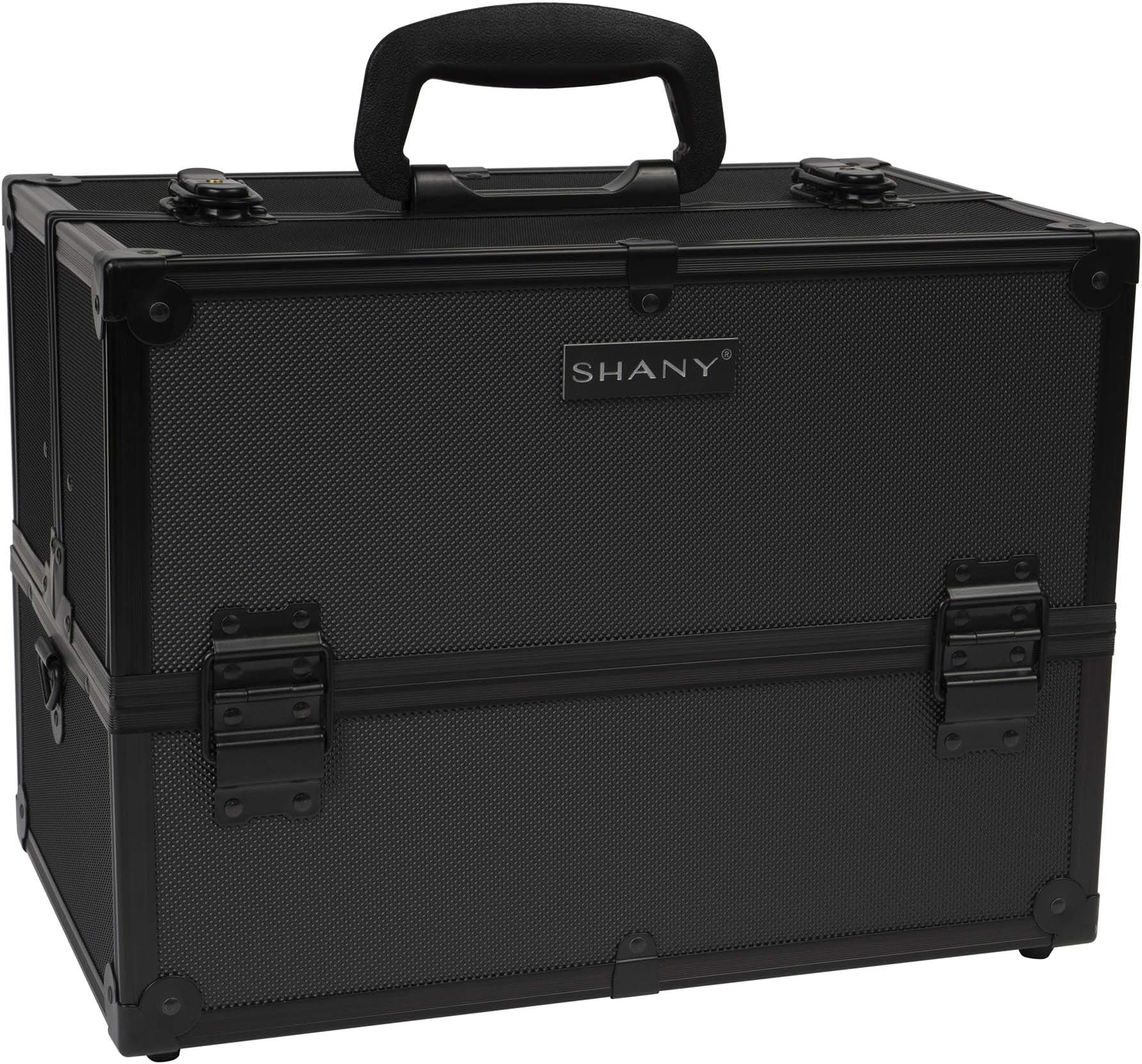 SHANY Essential Pro Makeup Train Case Cosmetic Box Portable Makeup Case Cosmetics Beauty Organizer Jewelry Storage with Locks, Multi Compartments Makeup Box and Shoulder Strap - All Black