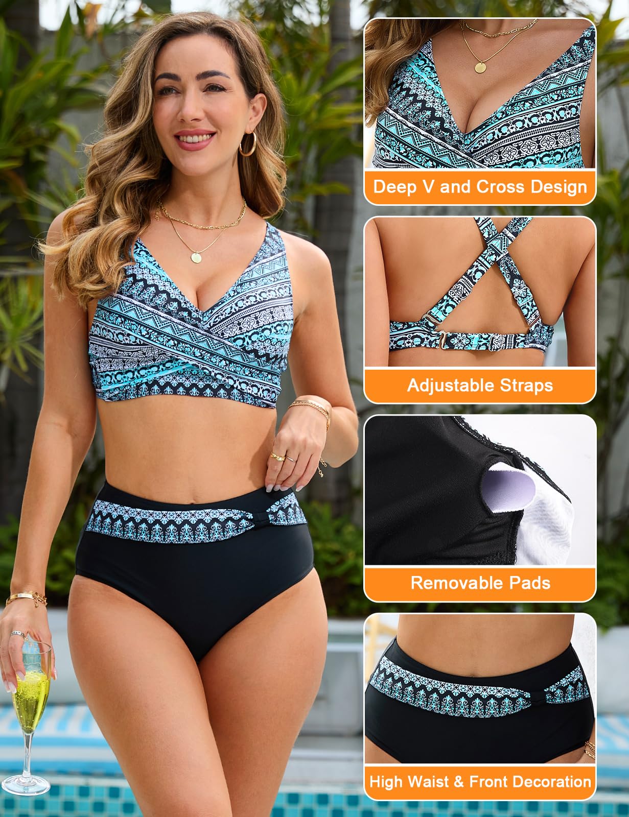 Nadeer Bikinis Mujer Push up Conjuntos de Bikini Cintura Alta Traje de Baño Sexy con Cuello en V