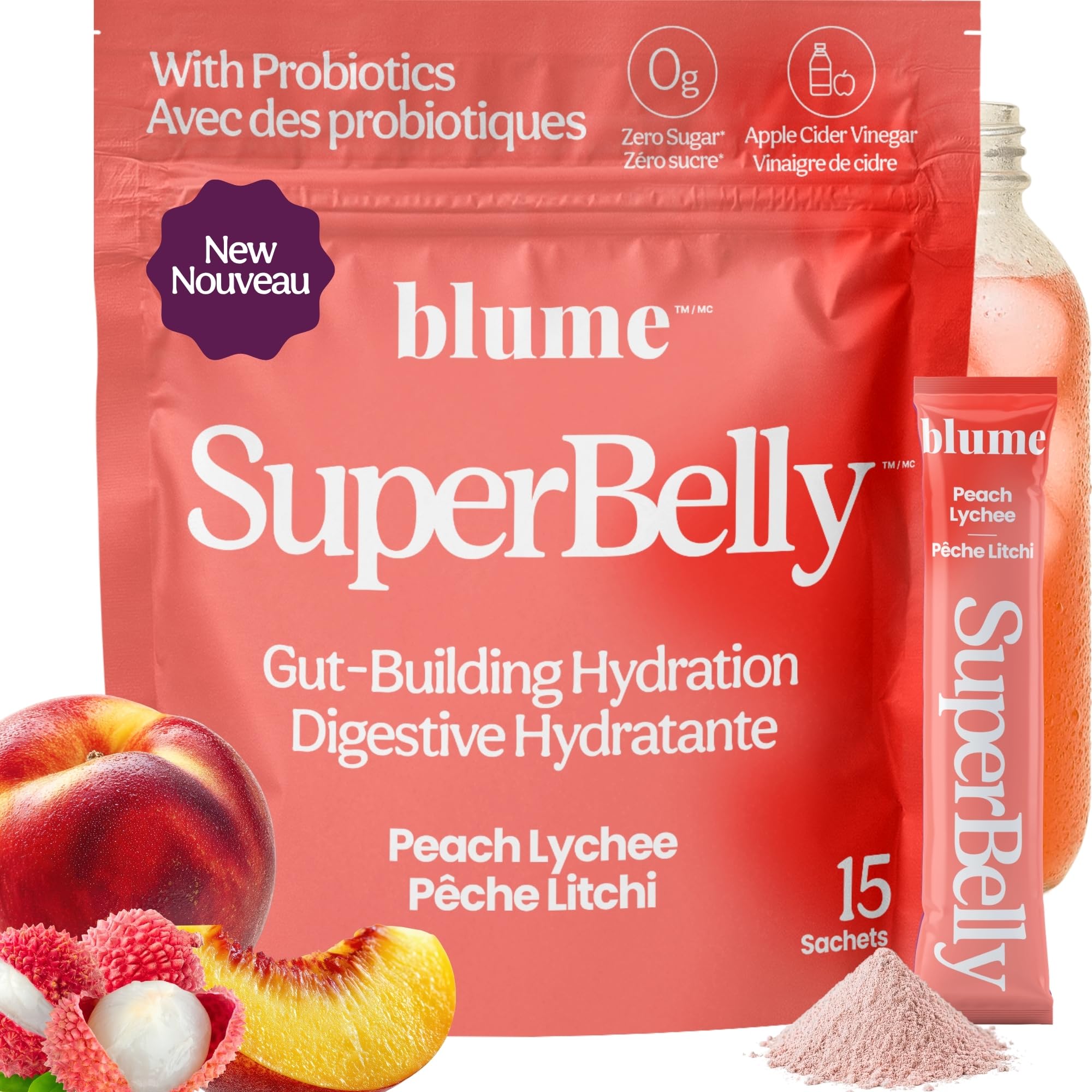 NEW Blume SuperBelly Gut Health + Hydration, Daily Sugar Free Probiotics, Inulin Fiber, and Hydrating Minerals Powder Packets for Digestion Support - Peach Lychee, 15 Sticks - 2