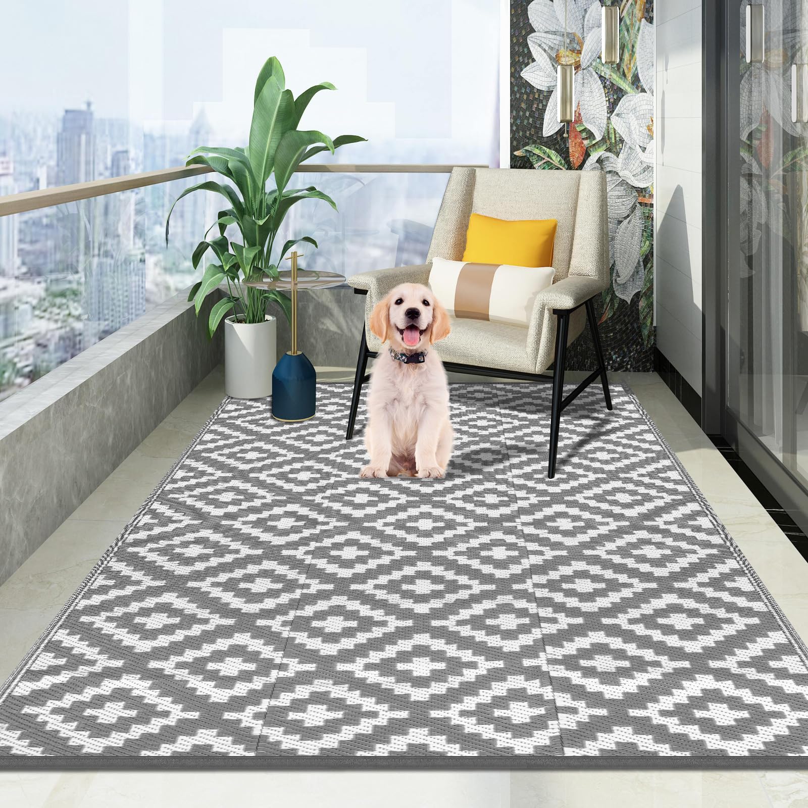 Tappeto da Esterno Impermeabile, Tappeto per Esterno 120 x 180 cm in Plastica Intrecciata, Resistente ai Raggi UV, Reversibile, Pieghevole e Lavabile per Giardino