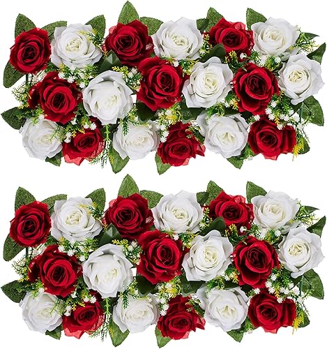 BLOSMON Centros de mesa de boda para decoración de mesas, 2 piezas, diseño floral de rosas artificiales, color borgoña y blanco, arreglo floral para