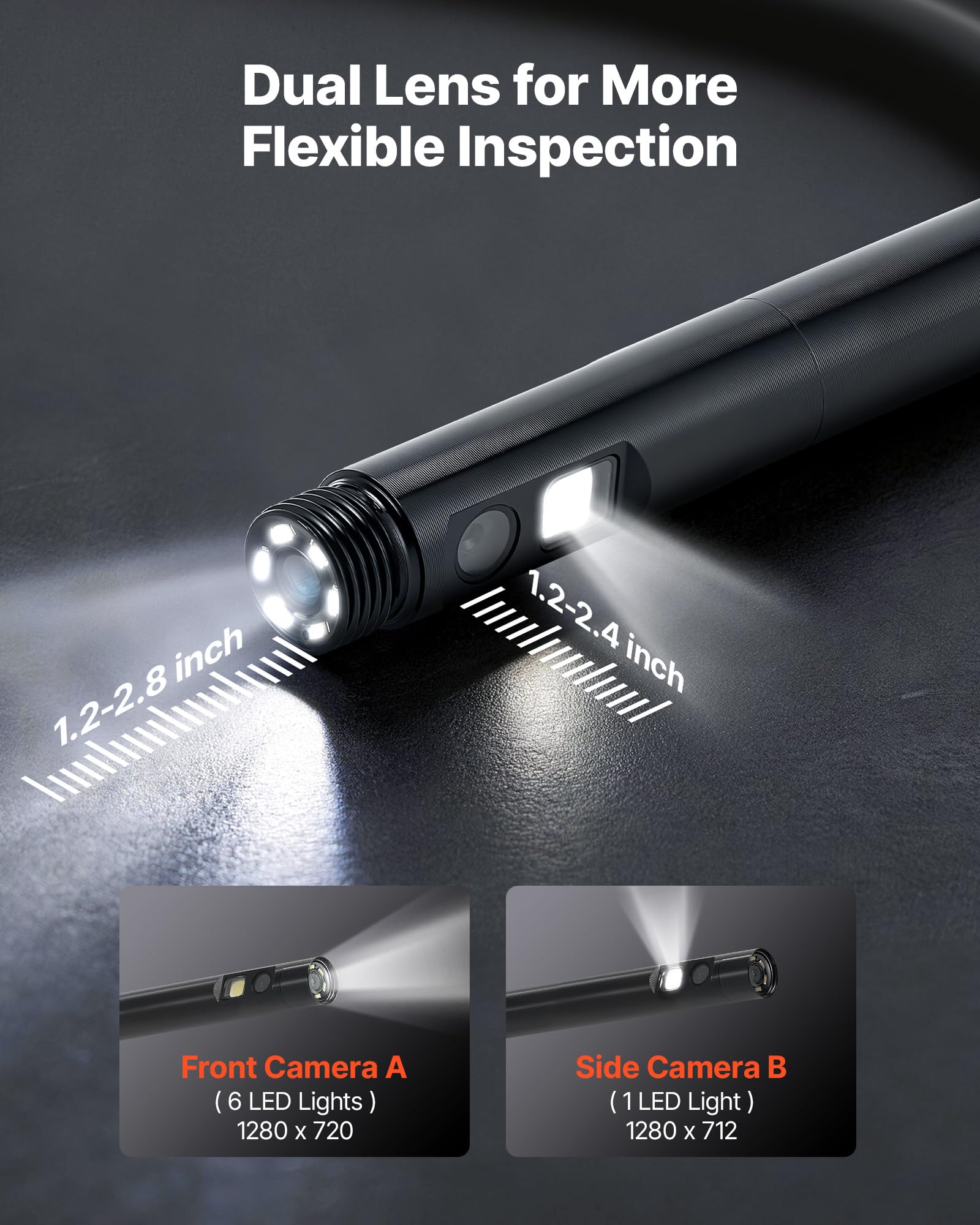 VEVOR Endoscopio de Doble Cámara, Cámara de Inspección con Pantalla IPS, Sonda de 5,5 mm, Batería 3000 mAh, Cable de 5 m, 32 GB, Luces LED, Zoom 8X para Motores, HVAC, Tuberías, Automoción, Fontanería