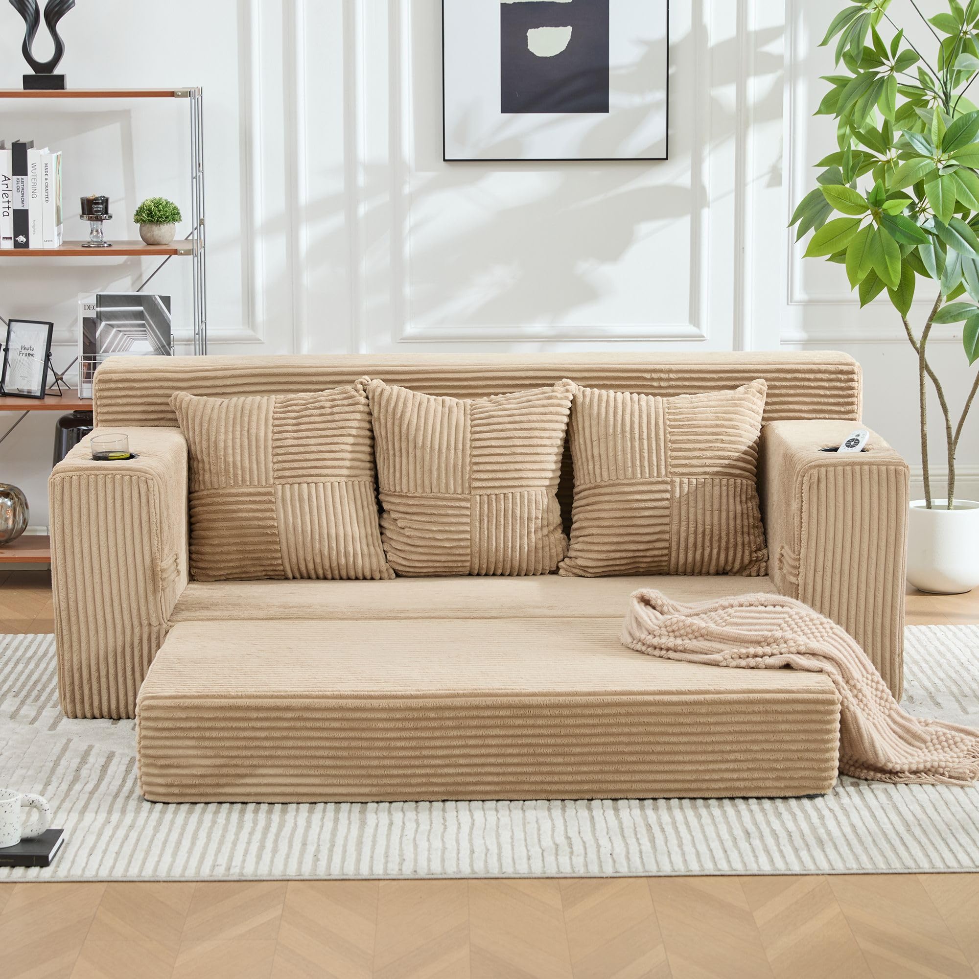 Wygodna 3-osobowa sofa sztruksowa khaki, sofa podłogowa z uchwytami na