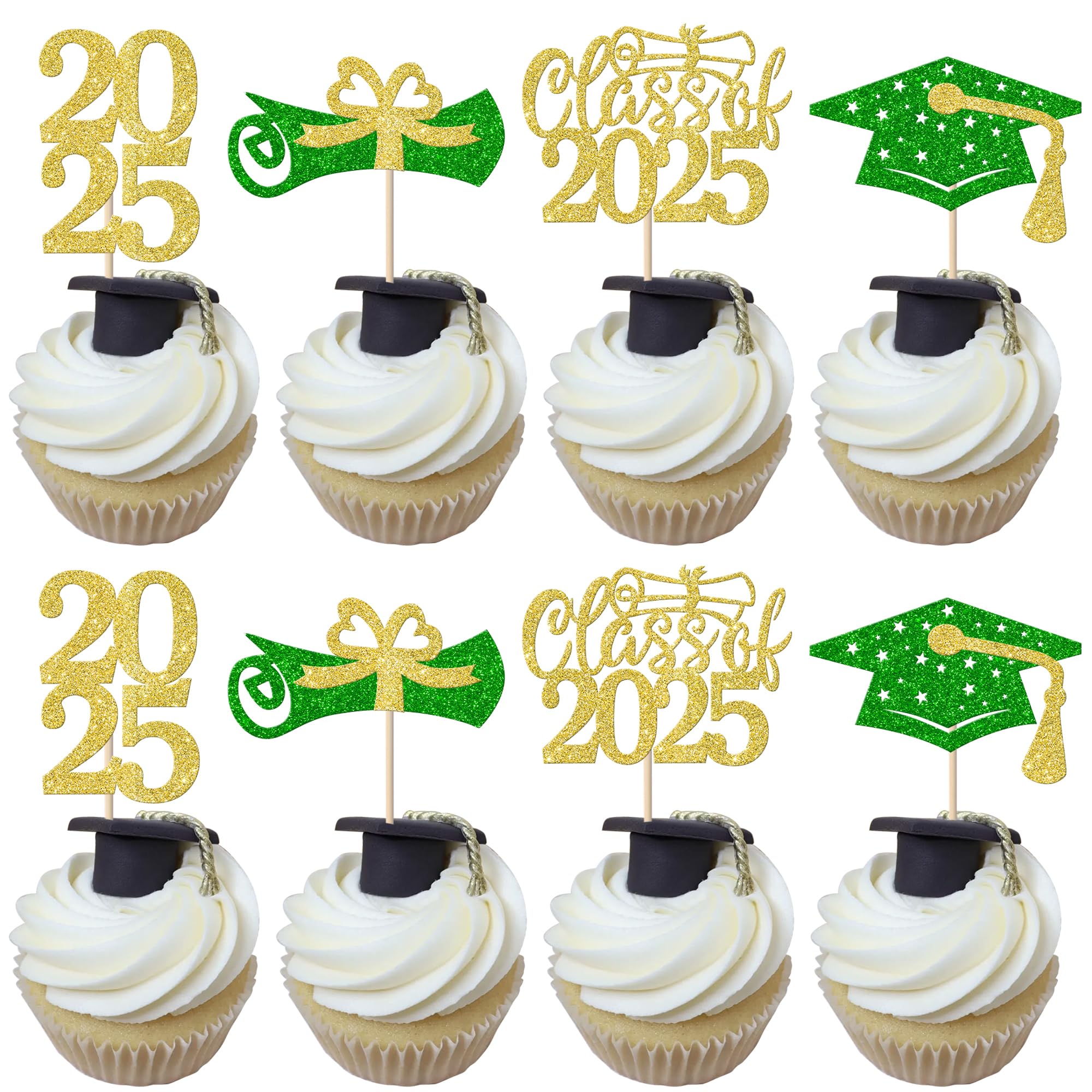 36 Pack Graduation Cupcake Toppers Glitter Class of 2025 Glitter Diploma Grad Cap Cake Decorations 2025 Cupcake Picks for 2025 Graduation Theme Party Cake Decoration Supplies Gold Green