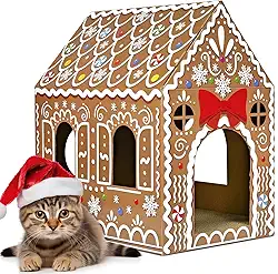 Cinrobiye Casa de Natal de papelão para gatos com arranhador para animais de estimação, tábua de gengibre, cama, caverna, casinha de brinquedo, esconderijo, condomínio, decoração de pequenos animais