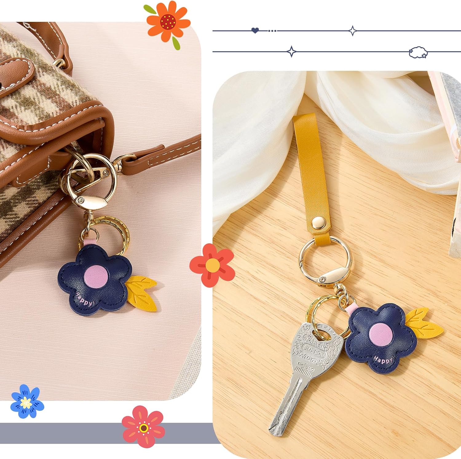 Leather Bag Charm for Handbags Flower Purse Charms with Alloy Ring Buckle for Purse Bag Charm Backpack Women - Image 5