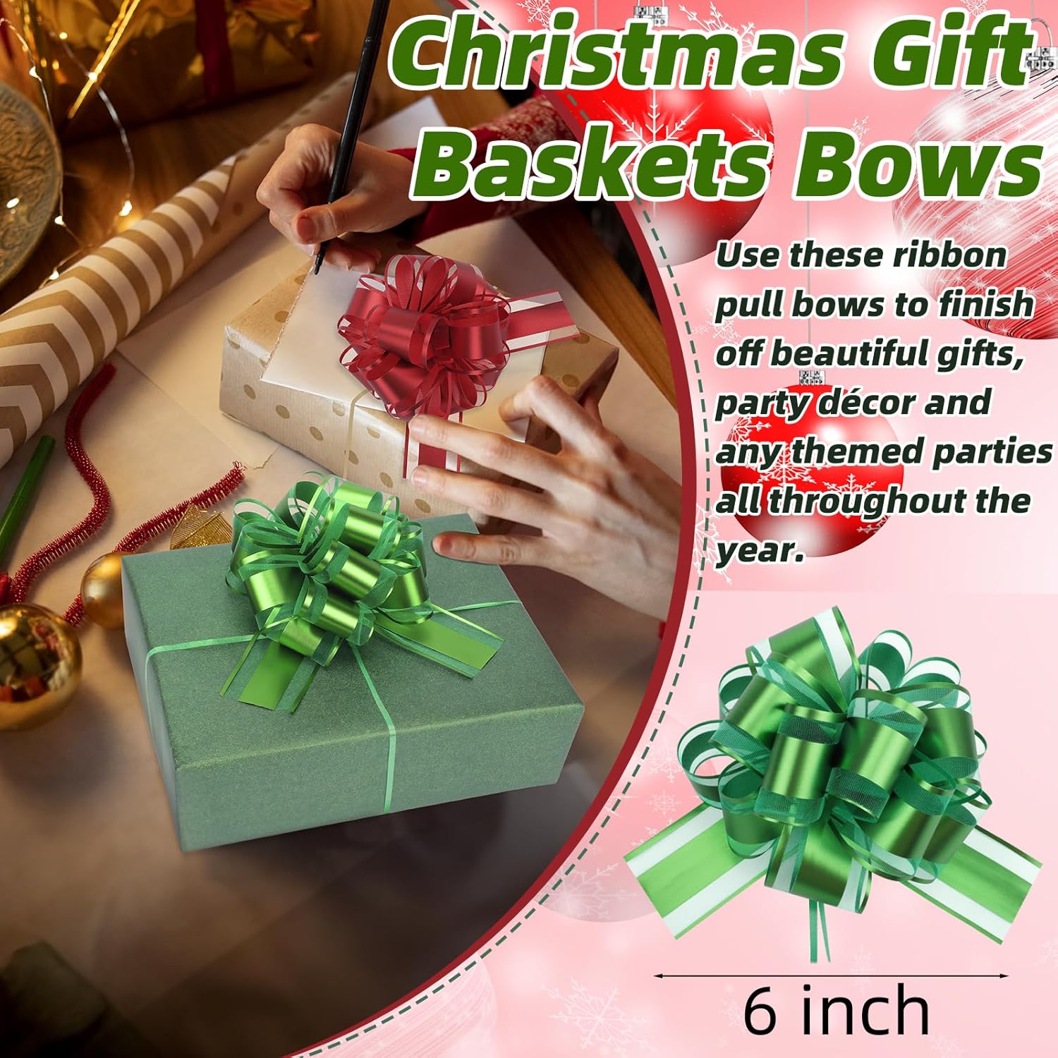 32 Pcs Christmas Large Pull Bows for Gift Wrapping, 6 Inch Organza Ribbon Red and Green Gift Bows for Presents, Vibrant Colors Xmas Decorative Bows for Baskets Valentine Wedding Party Holiday Decor - Image 3