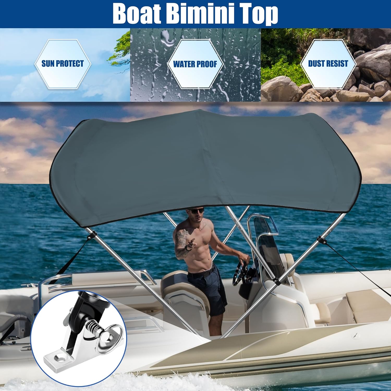 X AUTOHAUX 3 Bow Bimini Top Cover Boat Canopy 600D Canvas Sun Shade Stainless Steel Deck Hinges 4 Straps Installation Includes Mounting Hardware 1" Dia Aluminum Frame Storage Boot Gray