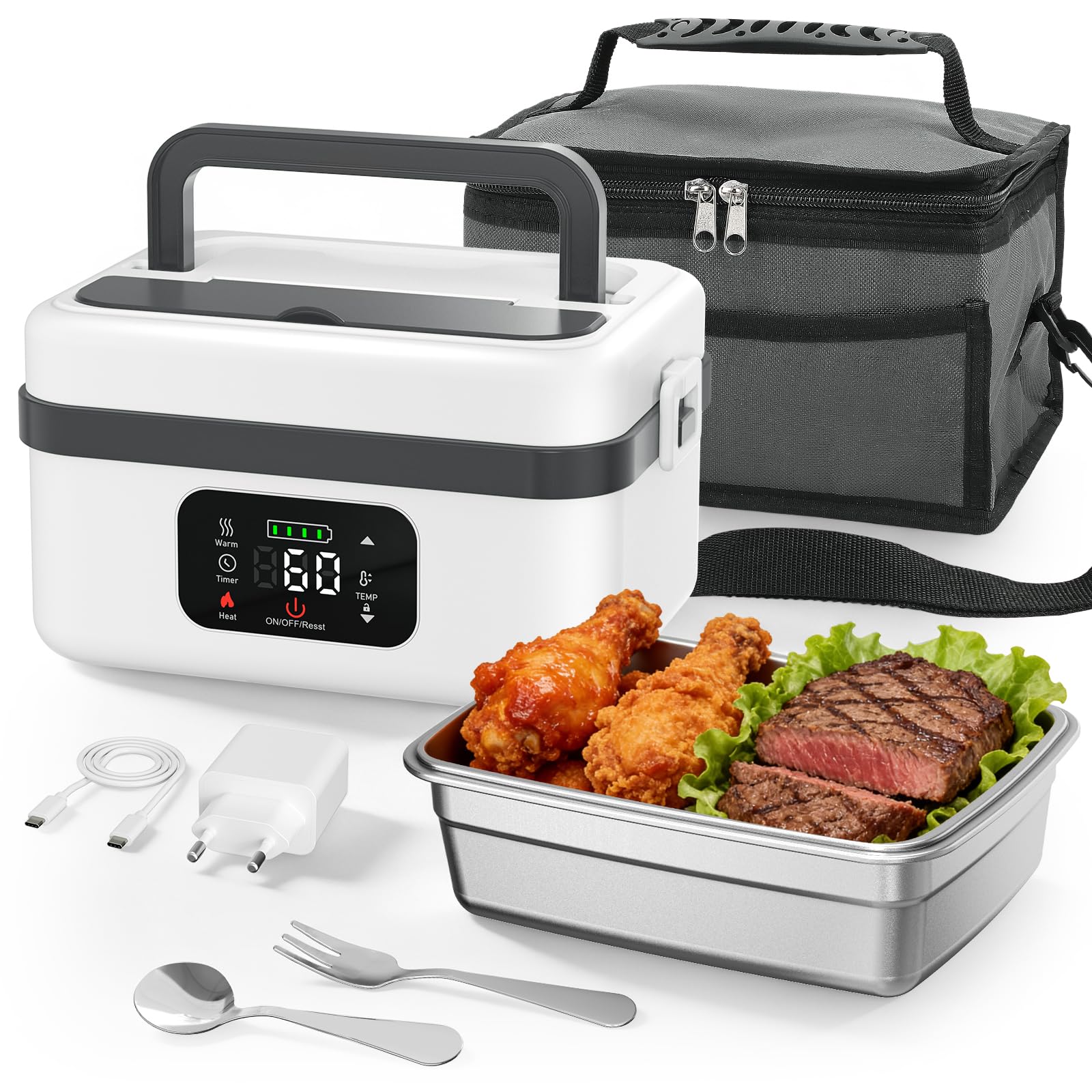 Fiambrera Electrica,Calentador de Comida Portatil 1L para Comida con Pantalla Táctil,Taper Termico Comida Caliente con Vajilla de Acero Inoxidable y Bolsa Aislante para Coche caja calefactora