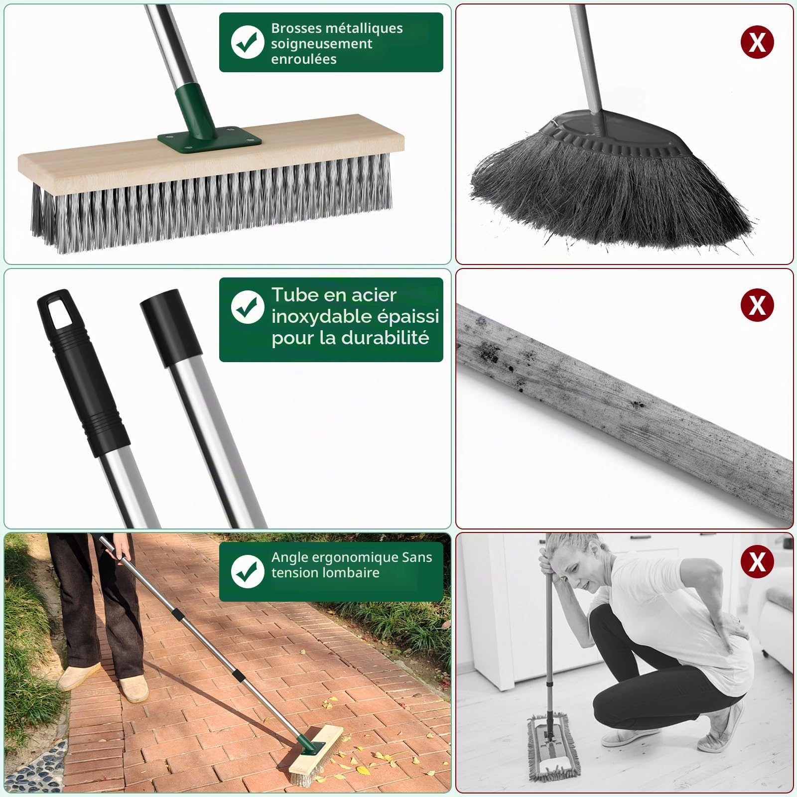 Balai Métallique Robuste avec Manche Télescopique 150cm pour Nettoyer Les algues de Mousse de Mauvaises Herbes sur Patio