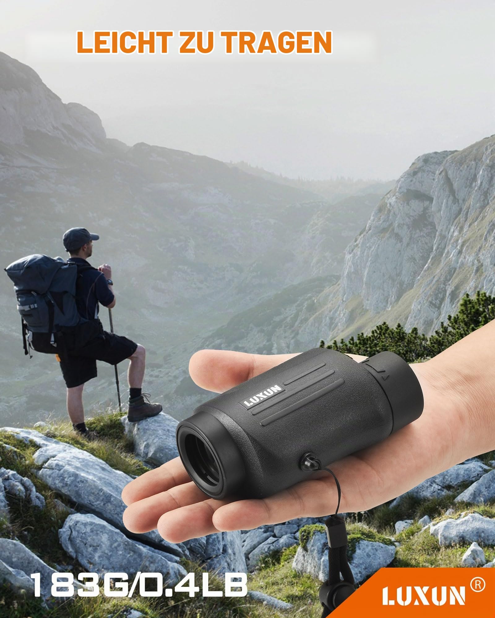 LUXUN Monokular 8x30 Fernglas Mini Monokular, IPX7 Wasserdicht, BaK-4 Glas und Mehrschichtvergütung, inklusive Handschlaufe und Transporttasche, schwarz