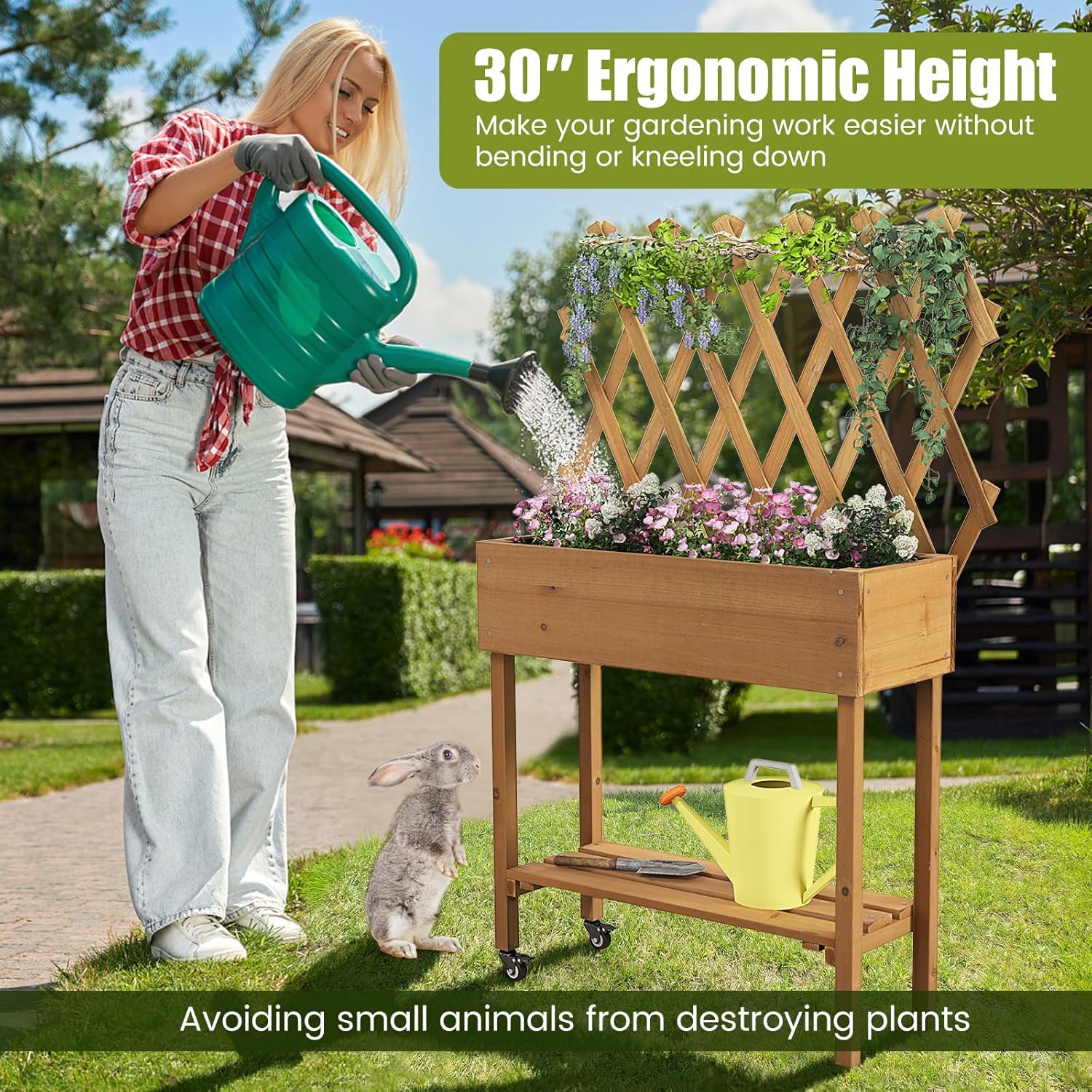 Raised Garden Bed with Trellis, Fir Wood Elevated Planter Bed with Legs, 2 Lockable Wheels & Storage Shelf, Wooden Planter Box Raised Bed for Gardening, Backyard, Balcony & Greenhouse