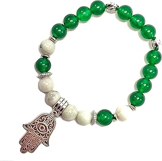 Green Jade & Burma Jade Bracelet with Hamsa Evil-Eye Charm – Handmade 8mm Natural Gemstone Stretch Bracelet for Everyday Wear & Gifting