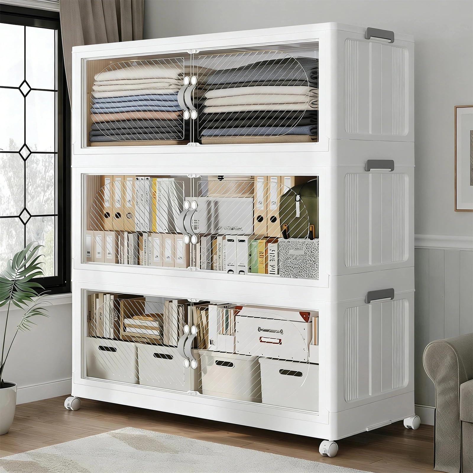 QAVABIN 180QT Extra Large Stackable Storage Bins with Lid, 45Gal Plastic Closet Organizers and Storage Drawer, Collapsible Cabinet Box with Wheels