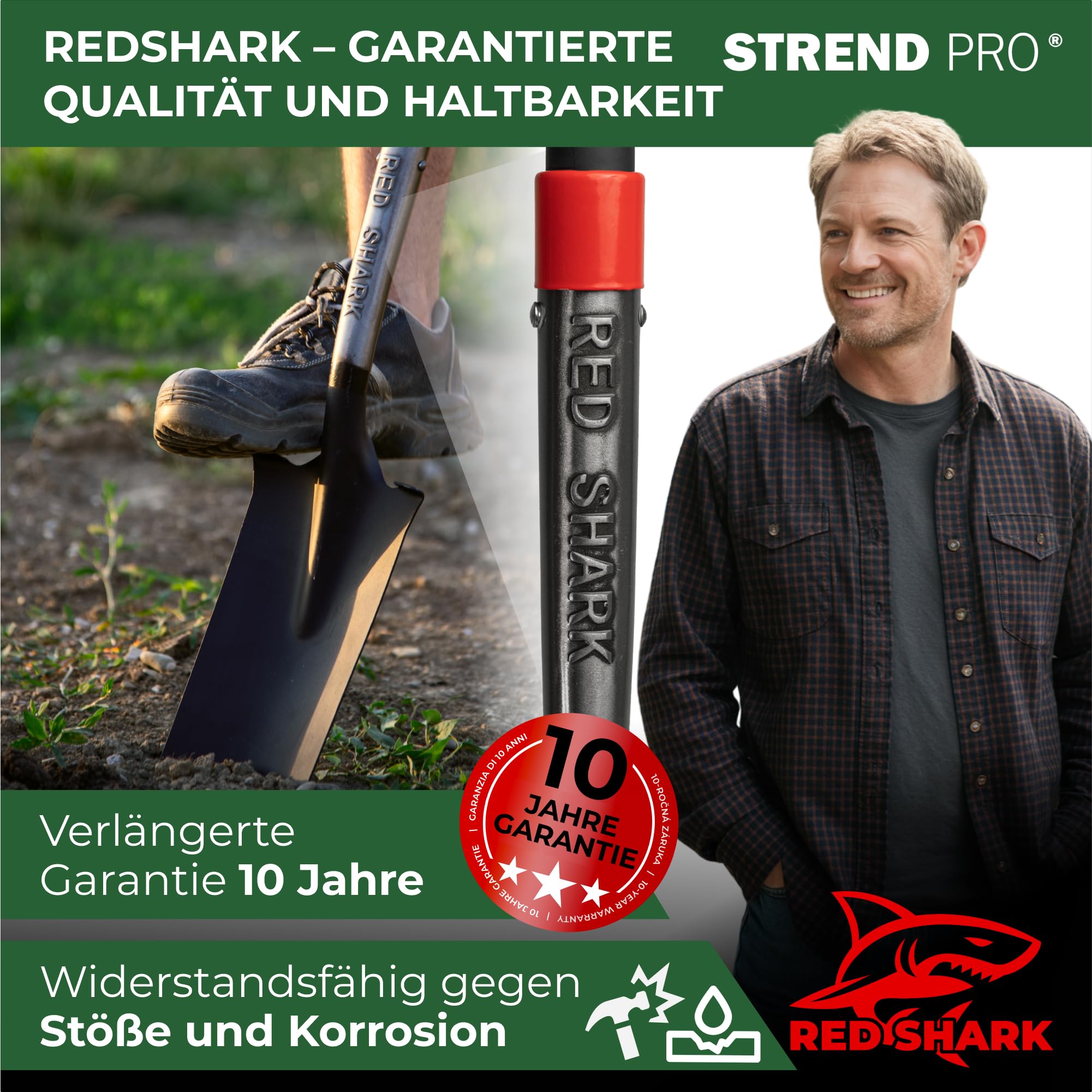 STREND PRO Spaten | Premium RedShark Gärtnerspaten | Drainagespaten mit Fiberglasstiel | D Spatenstiel | Schmal Spaten für Garten mit Stabiler Stahlkopf |für Harte, steinige Böden| Wurzelspaten