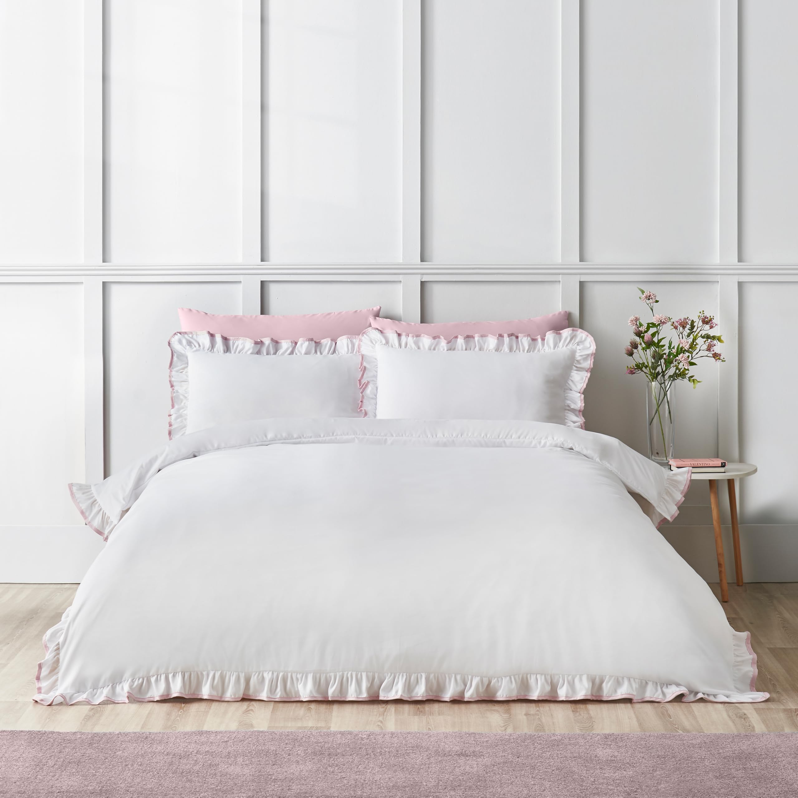 Catherine Lansfield So Soft Mono Frill King Duvet Cover Set with Pillowcases White/Pink