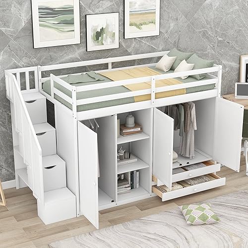 Functional Loft Bed Twin Size with 2 Drawers and 2 Wardrobes, Solid Wood Loft Bed Frame with Safety Guardrail and Storage Staircase for Kids Teens Adults, Sturdy Slat Support (White-Fun)
