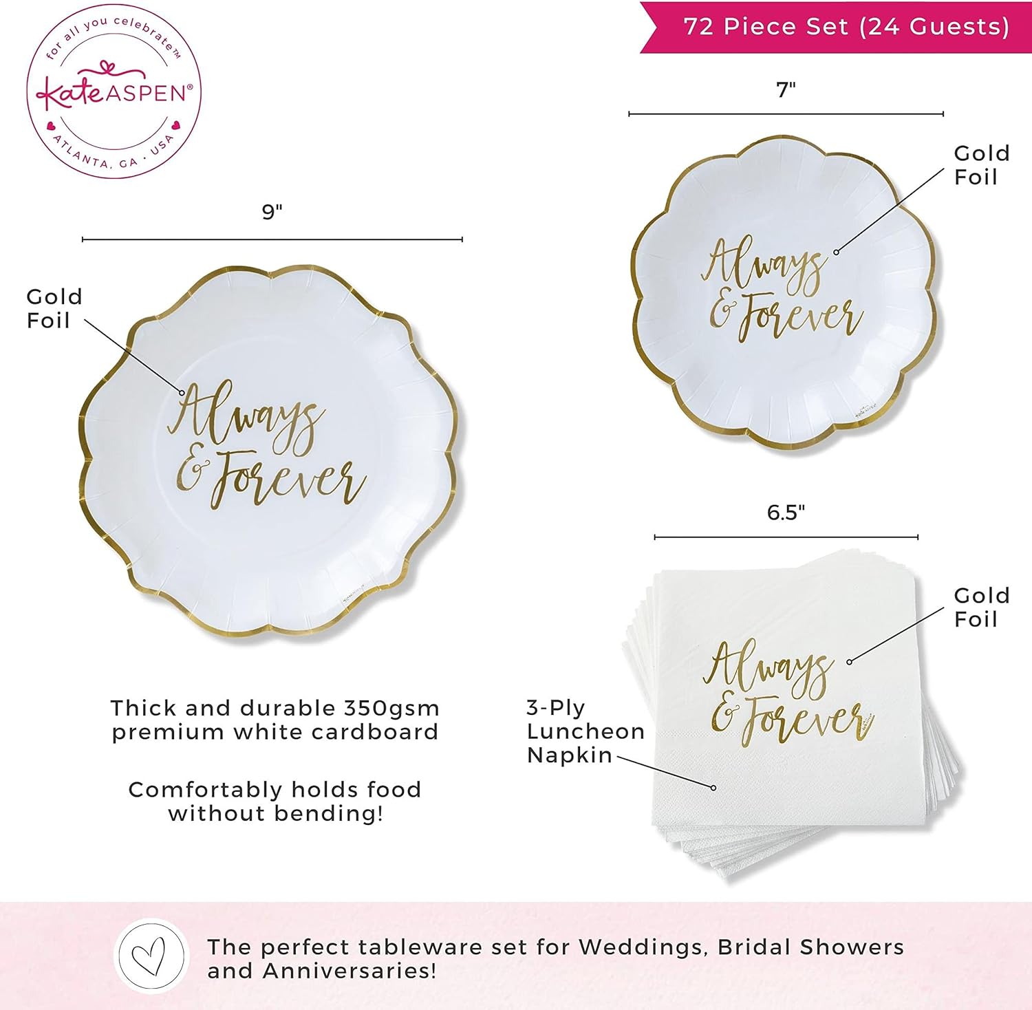 Always & Forever White and Gold 72 Piece Party Tableware Set