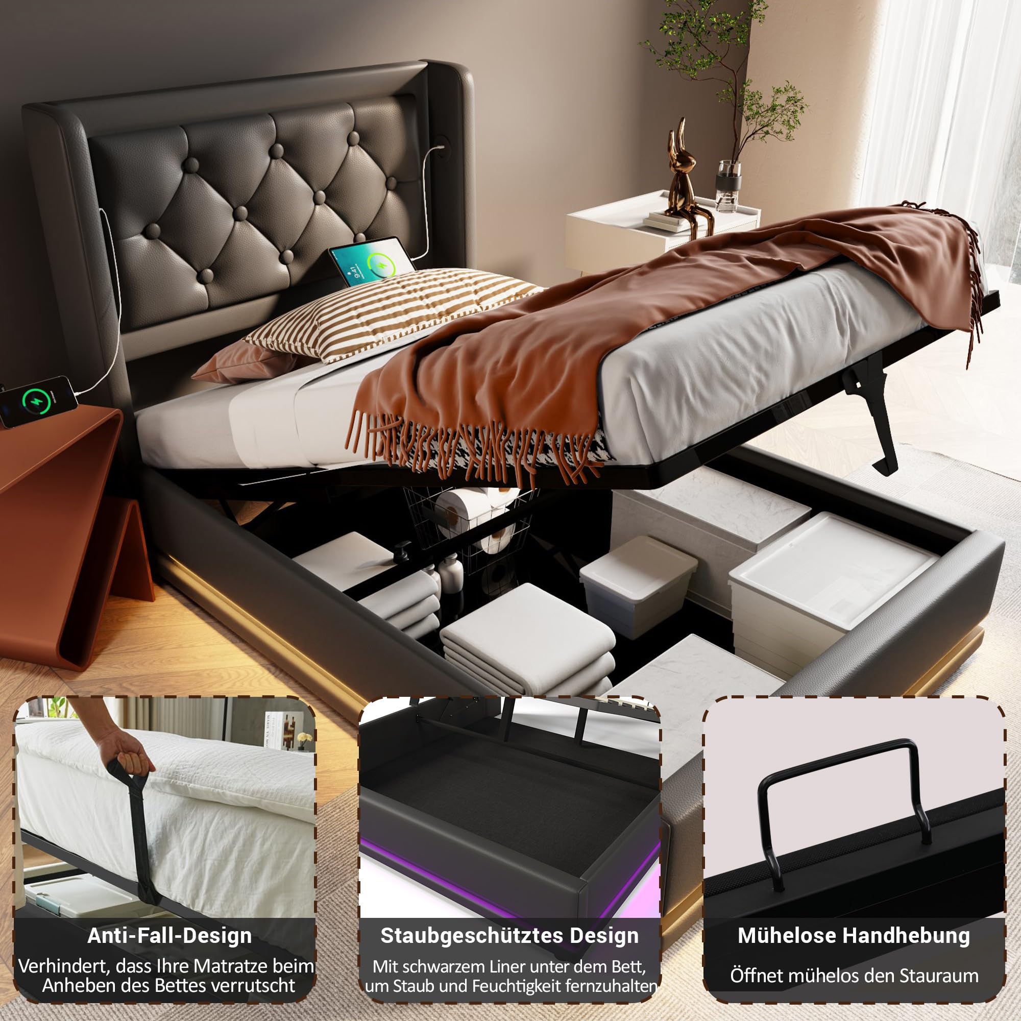 Struttura letto 160 x 200 cm con base, letto matrimoniale con LED, gambe nascoste, nero | Leroy Merlin