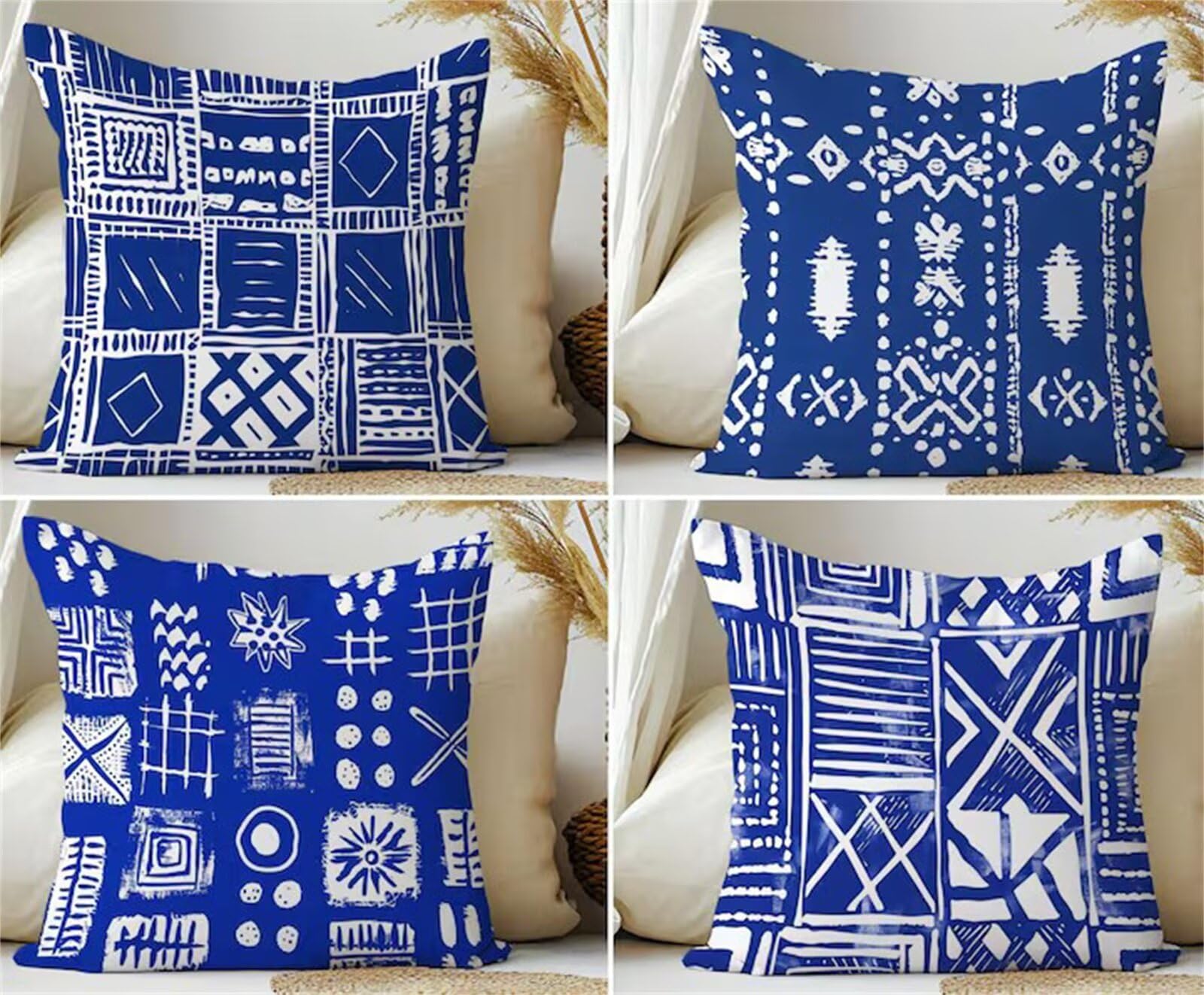 Heaen Outdoor Cushions Covers Waterproof 55x55 cm Set of 4 Square Linen Pillow Cases Blue White Geometric Decorative Dushions for Sofa Porch Patio Home Decor