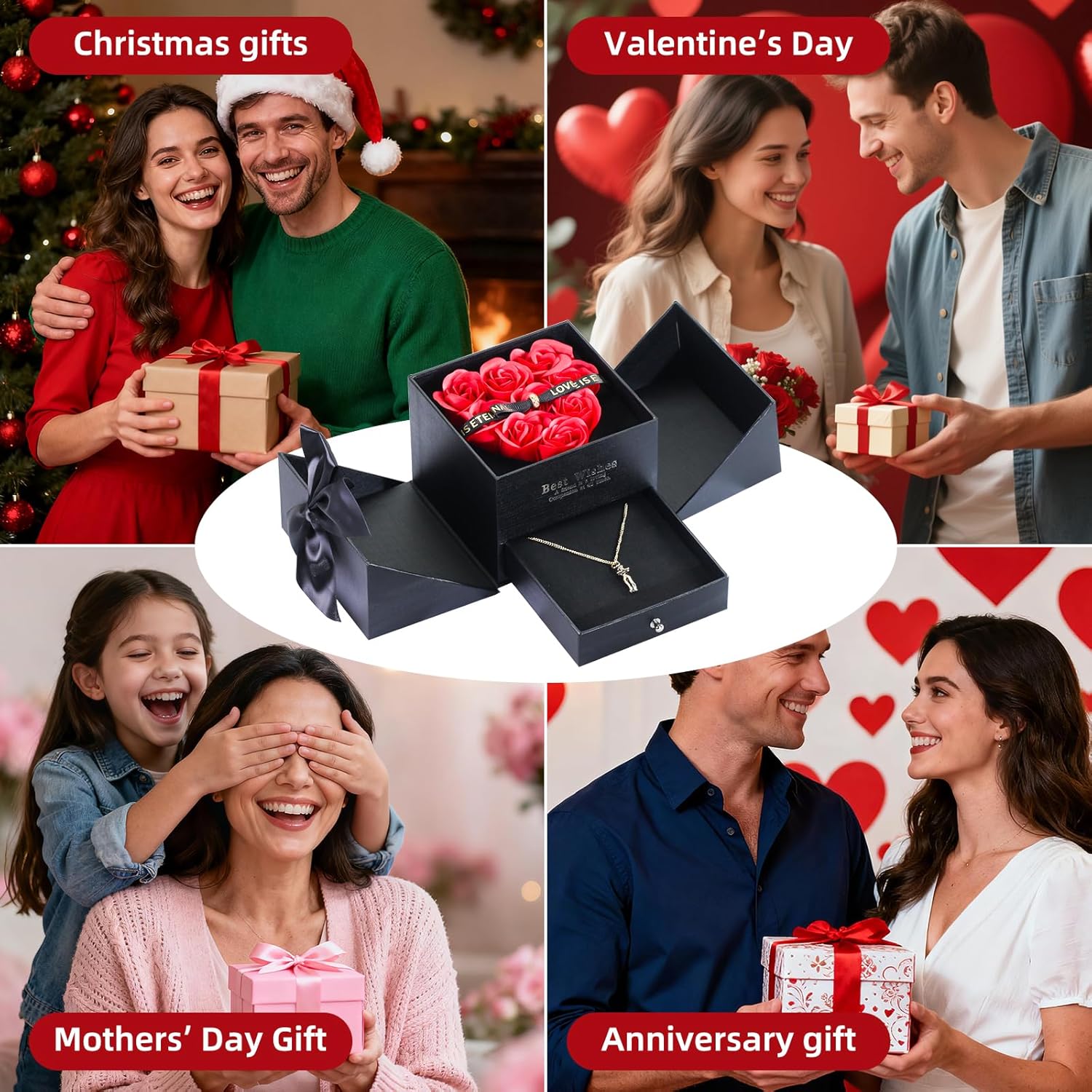 Preserved Red Real Rose with Boy and Girl Hug Necklace, Birthday, Anniversary, Valentine's Day Gifts for Women Her Mom Wife Girlfriend Grandma on Valentines Mothers Day Xmas Anniversary Romantic - Image 7