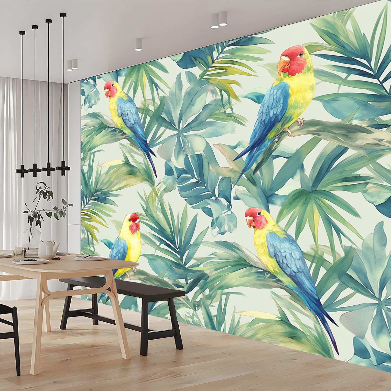 Nowoczesna tapeta naklejka na meble zielona tapeta z liści i ptaków, 350 x 256 cm z dekoracyjną tapetą z włókniny, nadaje się do salonu, sypialni
