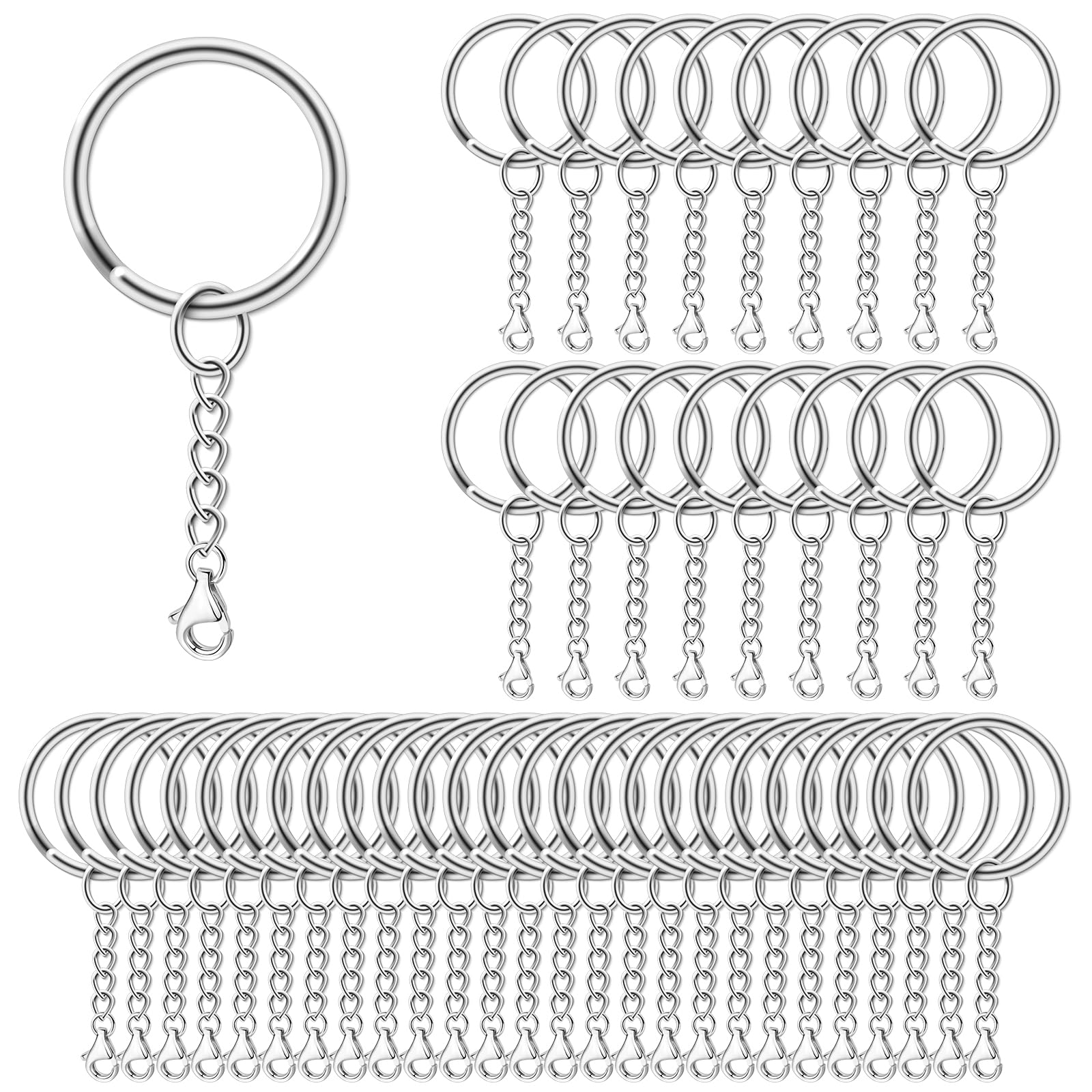 AiQInu 100 Pièces 25mm Anneaux Porte Clé avec Chaîne, Porte Clé avec Split Porte Clef, Porte Clef pour Bricolage, Loisirs - Argent