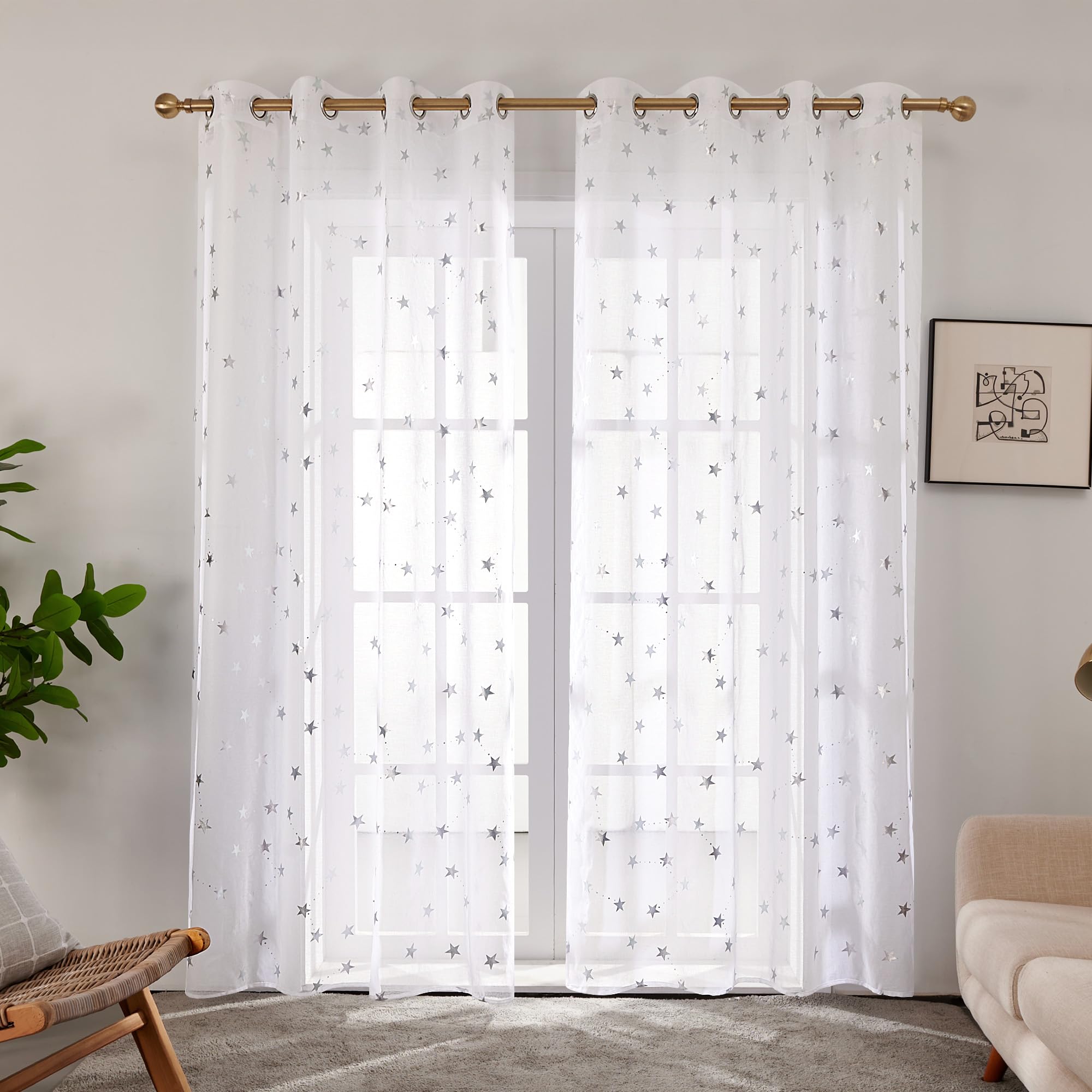Deconovo Cortinas semitransparentes con Ojales, Cortinas para salón, Tiendas Modernas, Cortinas con Estampado de Estrellas, Cortinas Decorativas para Dormitorio, 140 x 290 cm, Blanco, 2 Piezas