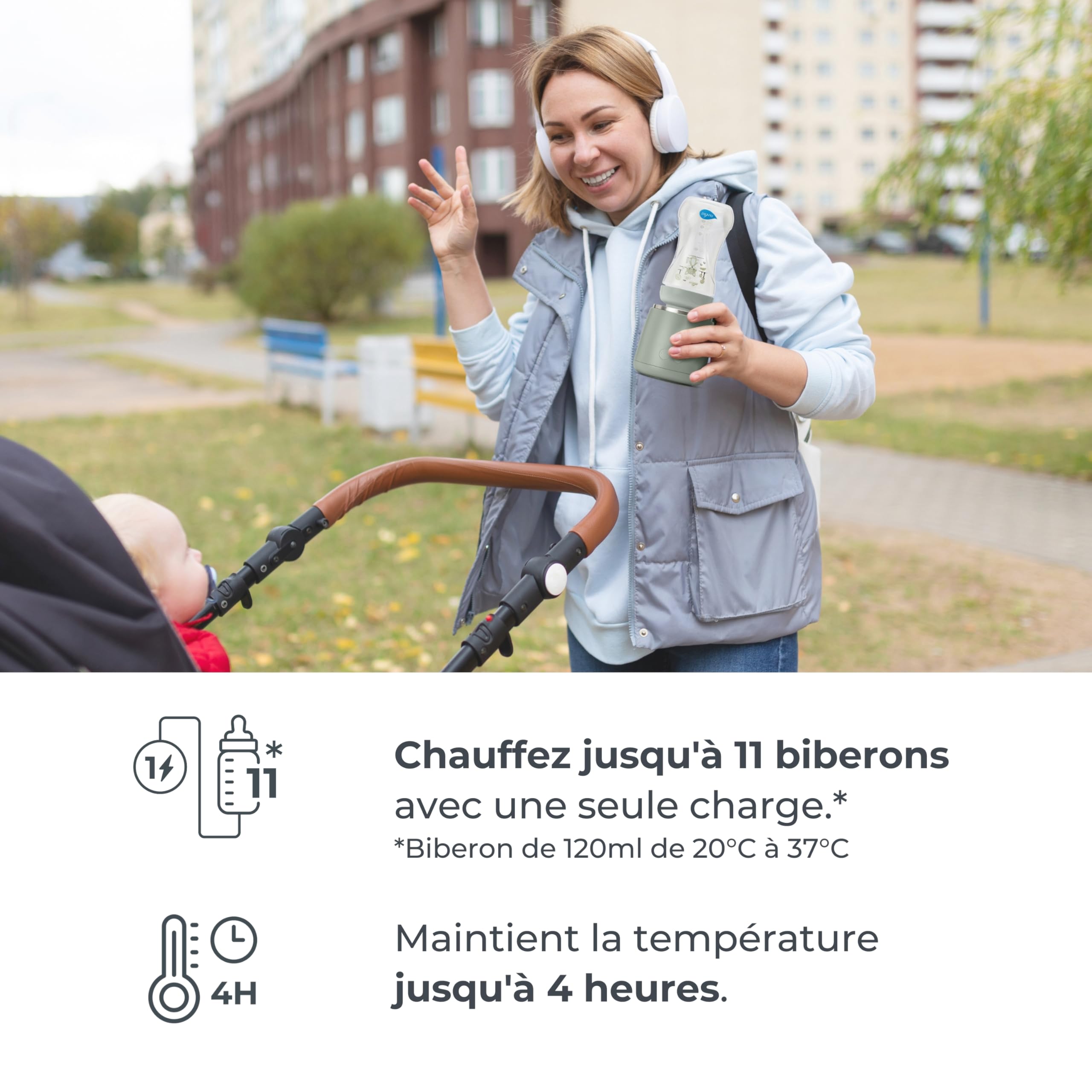 Nuvita 1163 Warm’n’Mix Chauffe-biberon Portable à batterie avec Fonction de Chauffage et de Mélange – Chauffage Rapide en 3 Minutes, 4 Réglages de Température, Compatibilité Universelle avec 6 Adaptat
