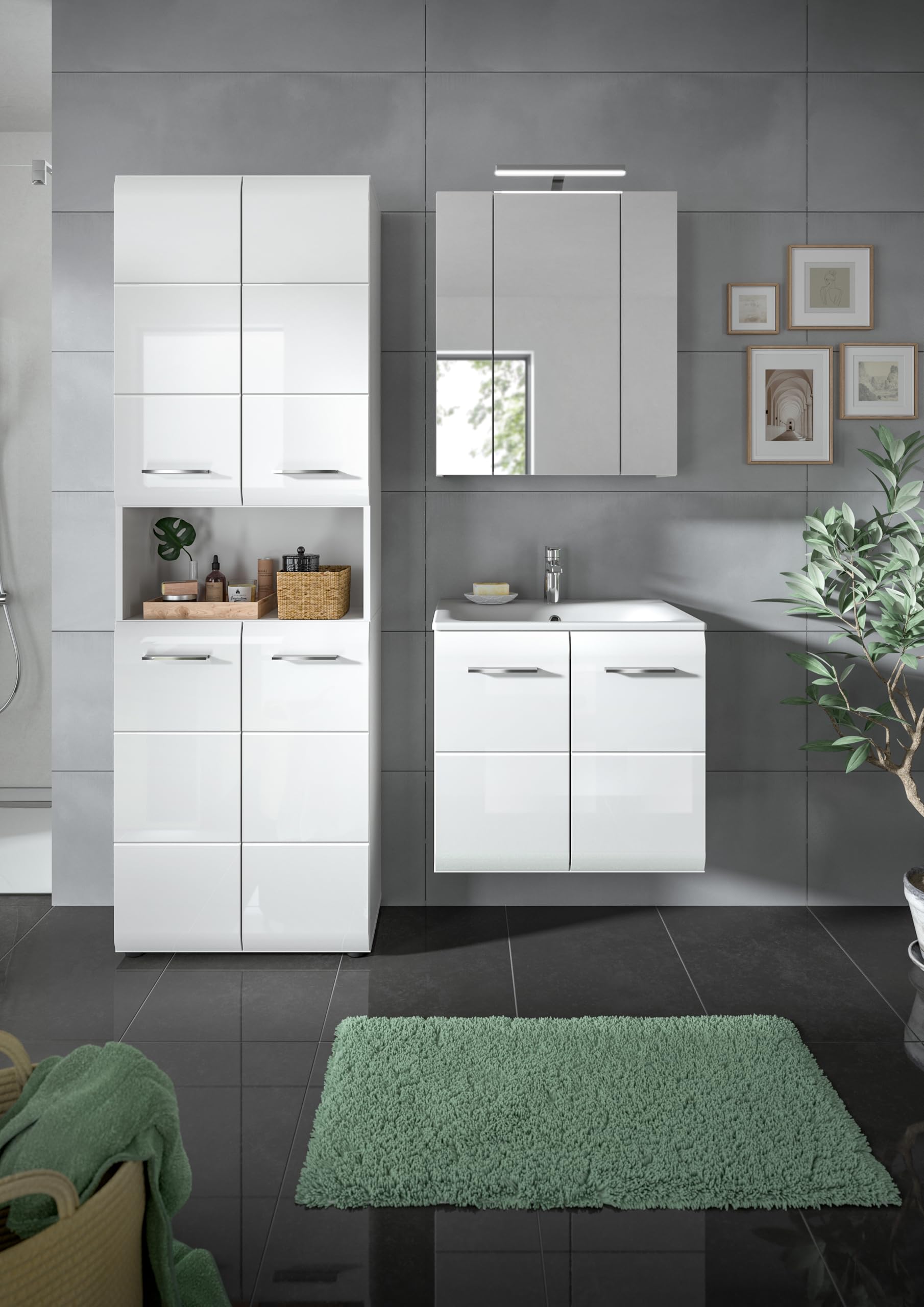 xonox.home – 3 TLG. Badkombination Ice 135x185x46 cm in Korpus weiß Nachbildung und Front weiß Hochglanz – Moderne Badezimmermöbel Kombination – stilvoll – Bild 6