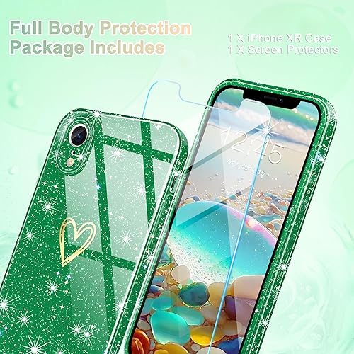 Miniatura 3 de Funda para iPhone XR bonita, purpurina transparente con 1 protector de pantalla de vidrio templado Funda protectora delgada de silicona suave para