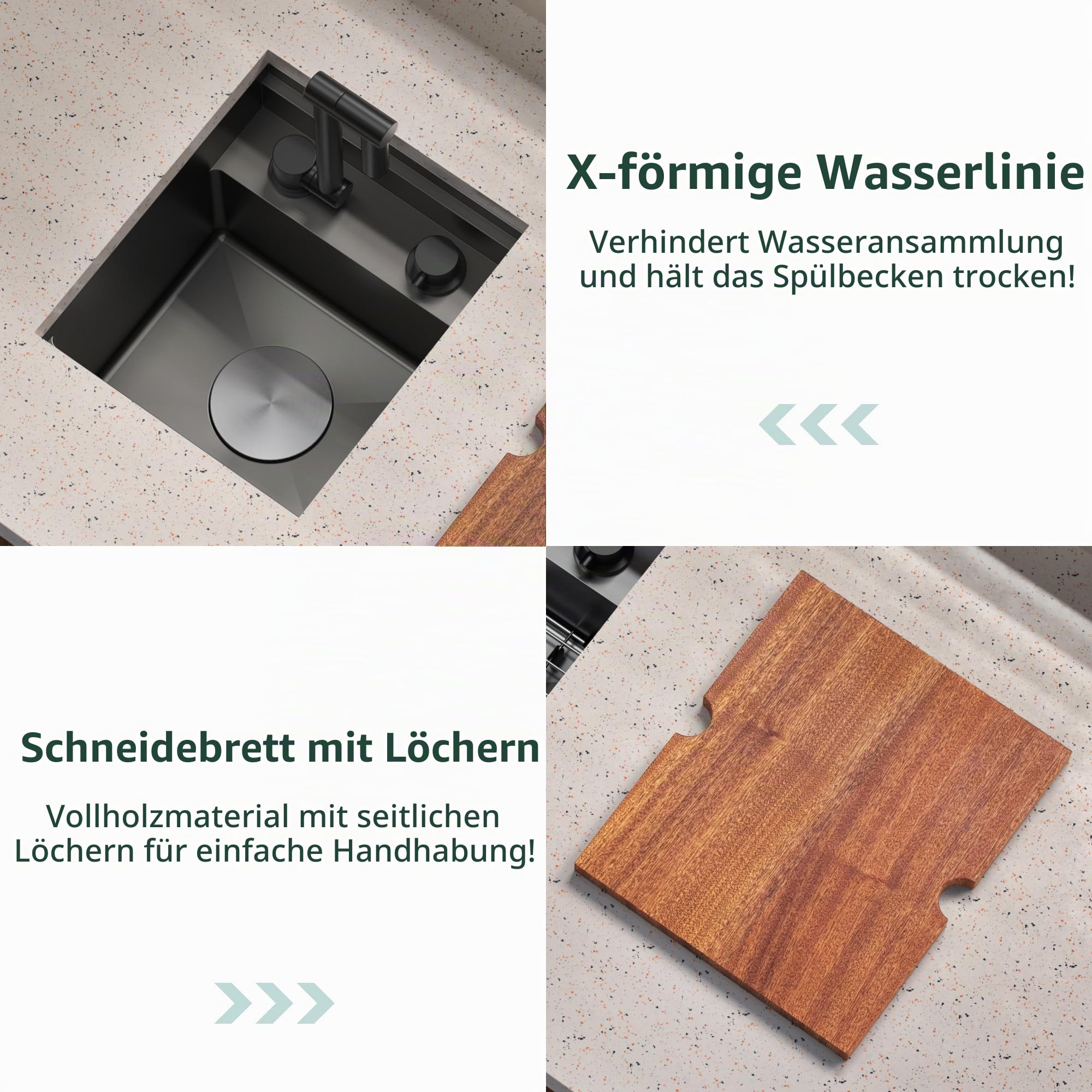 Schwarze Edelstahlspüle für Camping Wohnwagen Küchen, Arbeitsplatz Unterbaubecken mit eingebauten Klapphähnen, 33 x 38.1 x 23 cm