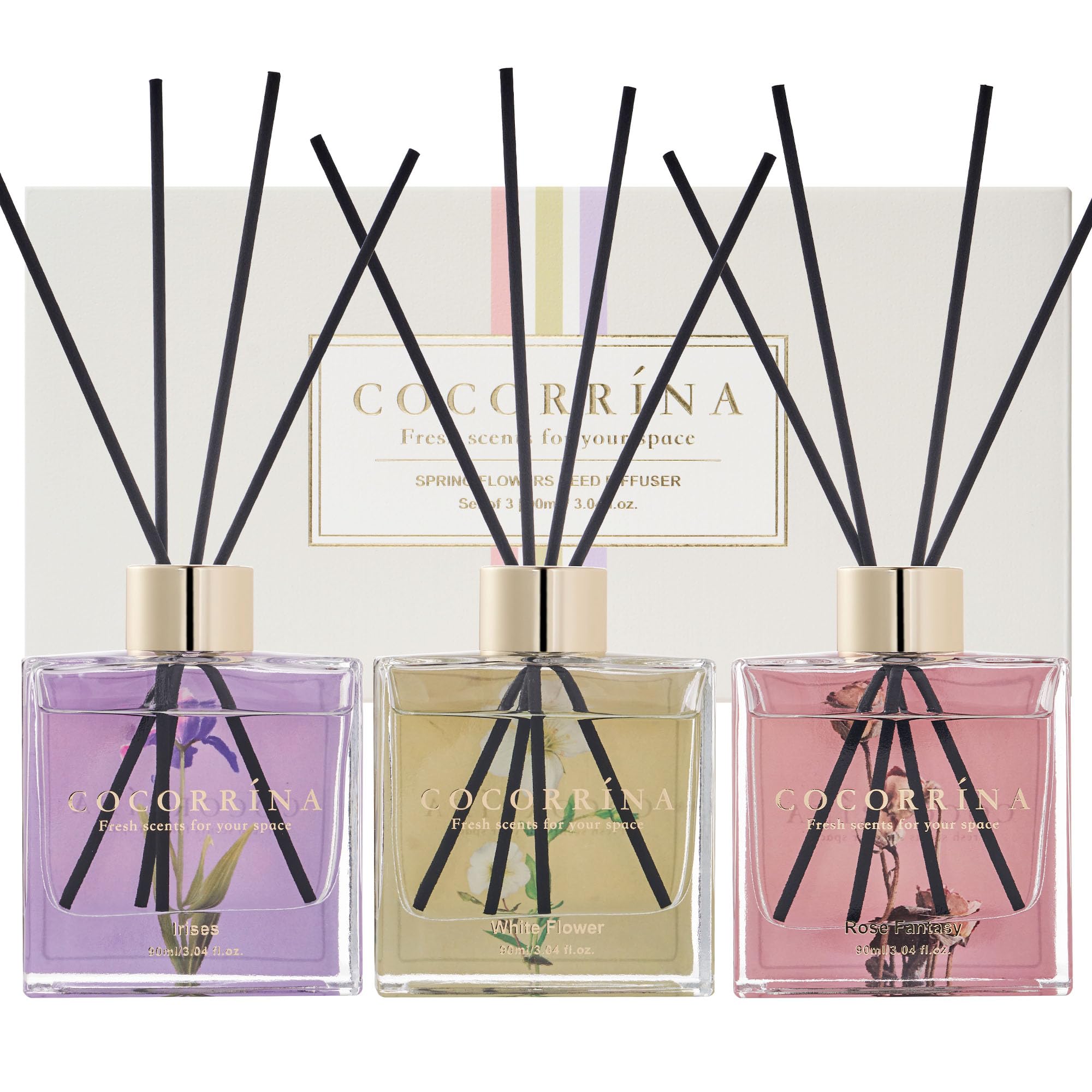 COCORRÍNAReed Diffuser - 3 Pack/ 90ml with 24 Sticks Reed Diffuser for House Bedroom Office Decor & Gifts Set (White Flower/Irises/Rose Fantasy)