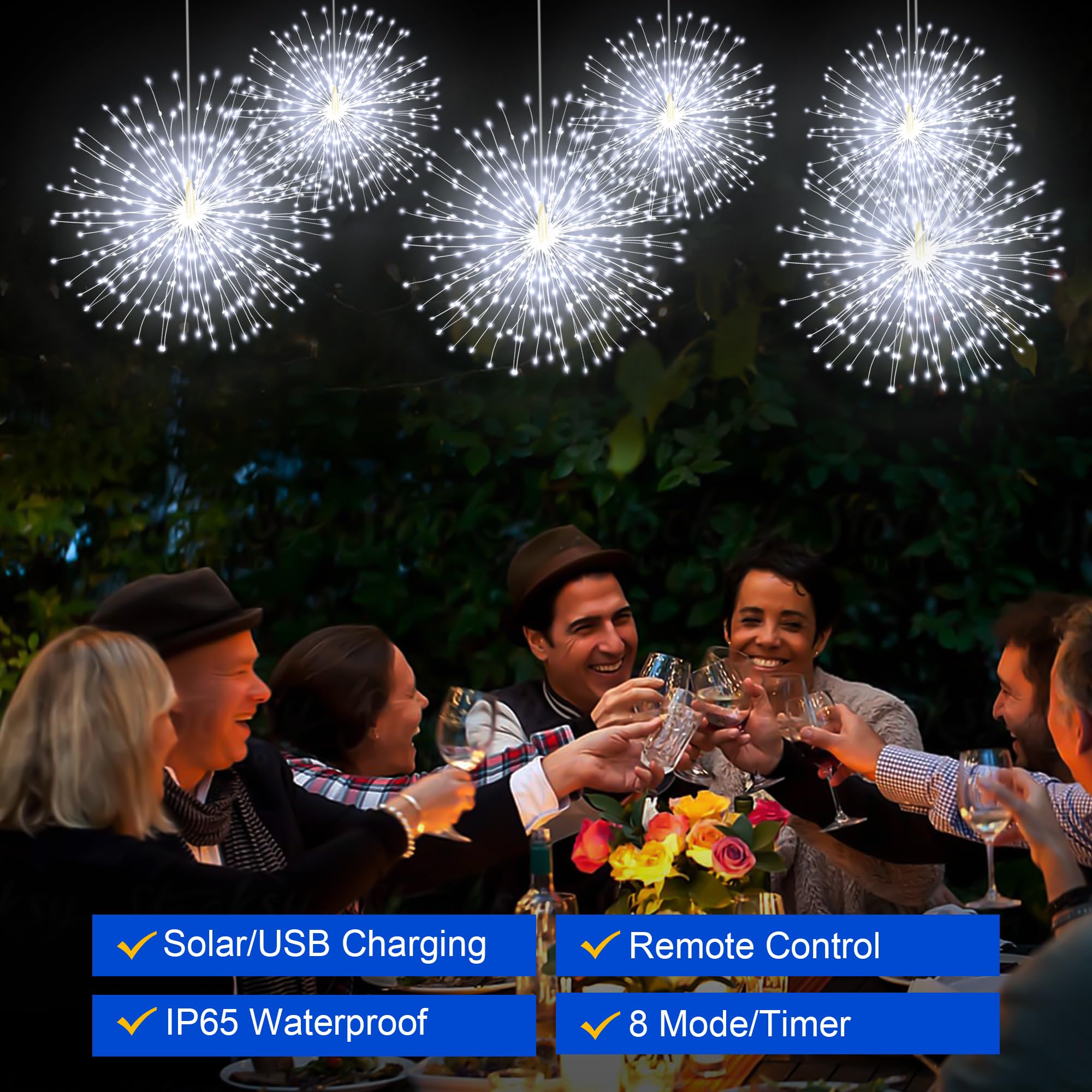 Solar-Feuerwerk-Lichter für den Außenbereich, 5 Stück, 1000 LEDs, Solar-Starburst-Lichter mit Fernbedienung, 8 Modi, dimmbar, wasserdicht, hängende Lichterkette für Garten, Terrasse, Urlaubsdekoration
