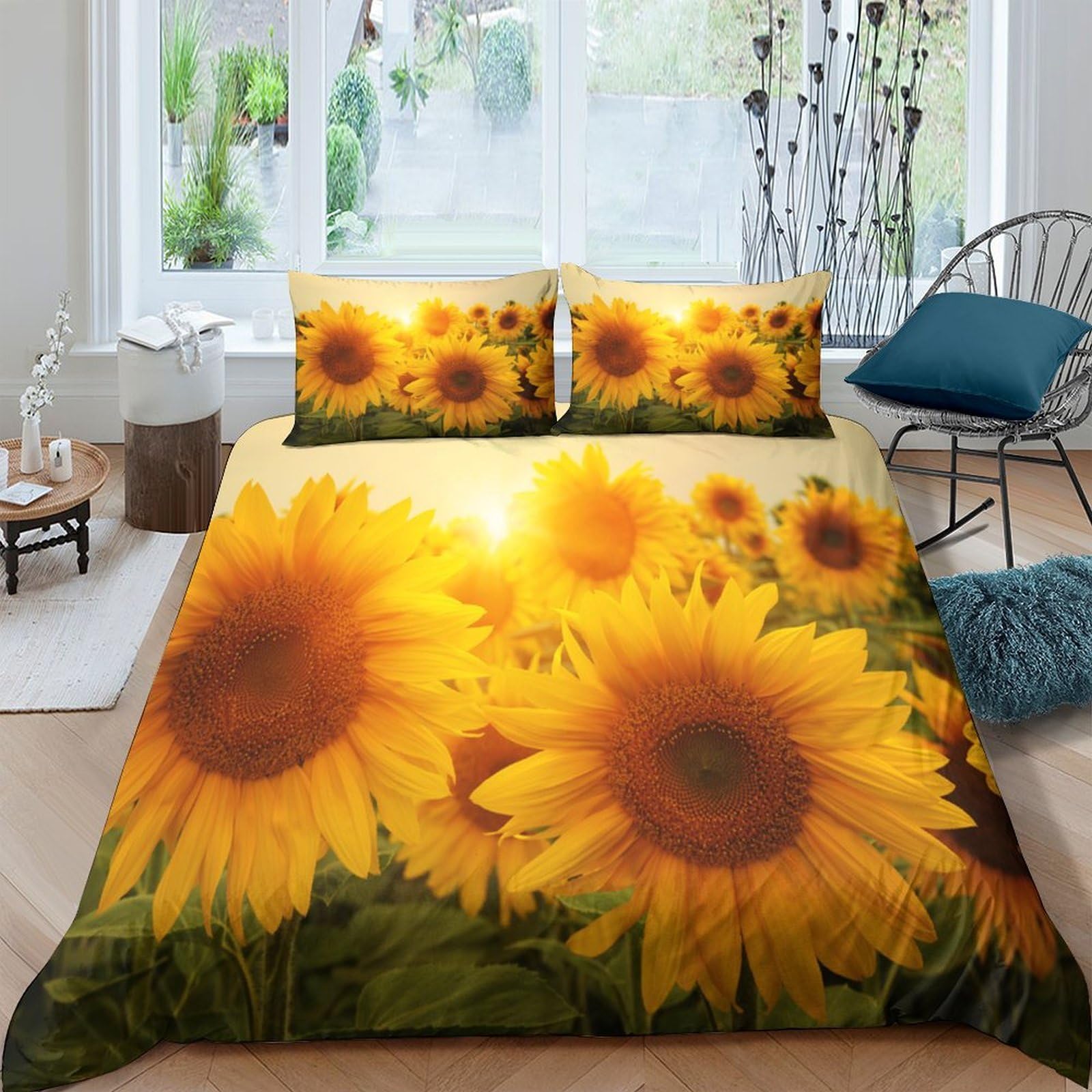 Ctjqhvkz Style-3 3D Printed Sunflower Field Fitted Sheet Microfiber Durable Floral Bed Cover For Bedroom Guest Room Protection Decor Single（135X200cm）