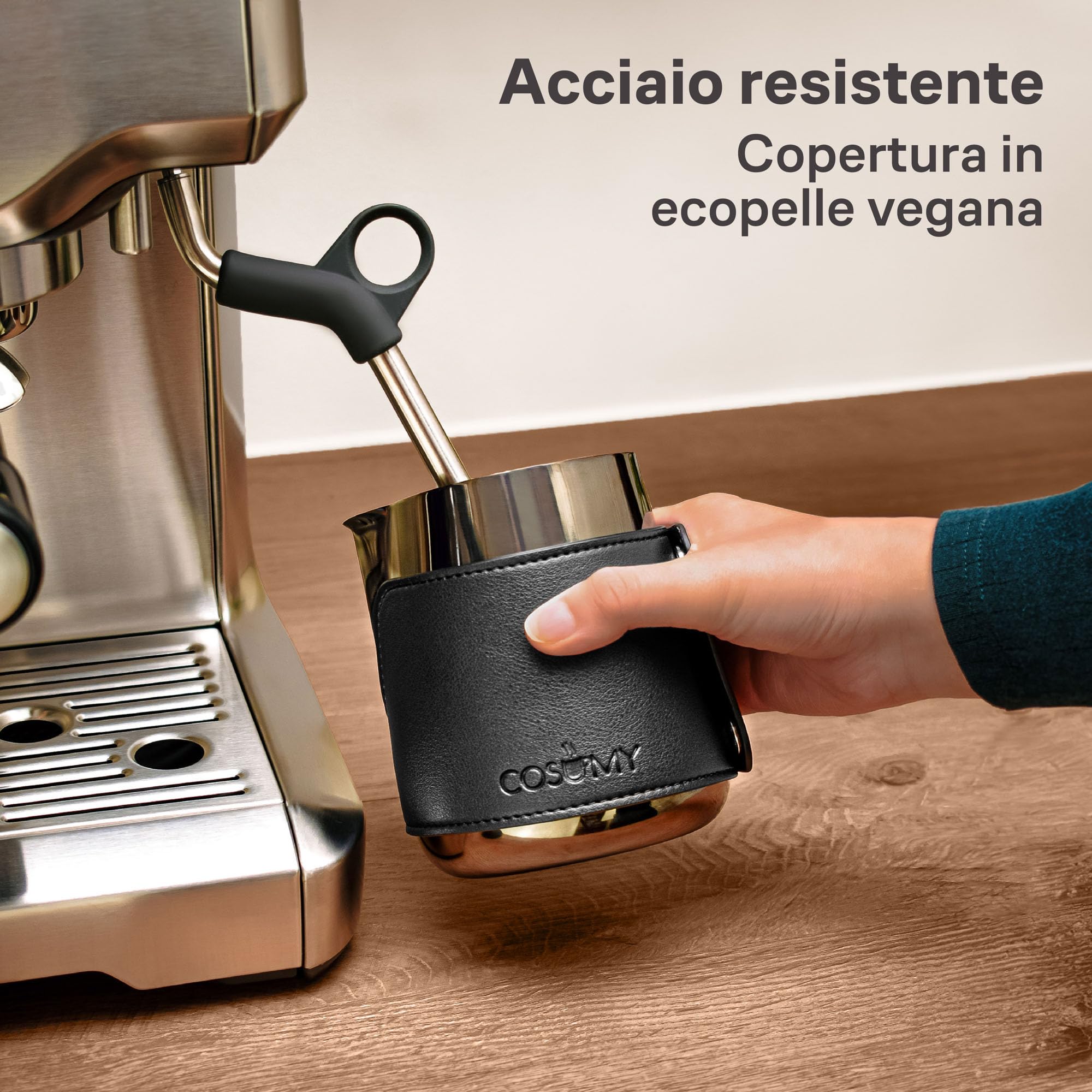 Cosumy Bricco Latte Professionale - Lattiera in Acciaio Inox 500ml - Bricchetto Latte con Segno di Misurazione - Senza Maniglie per il Latte Art